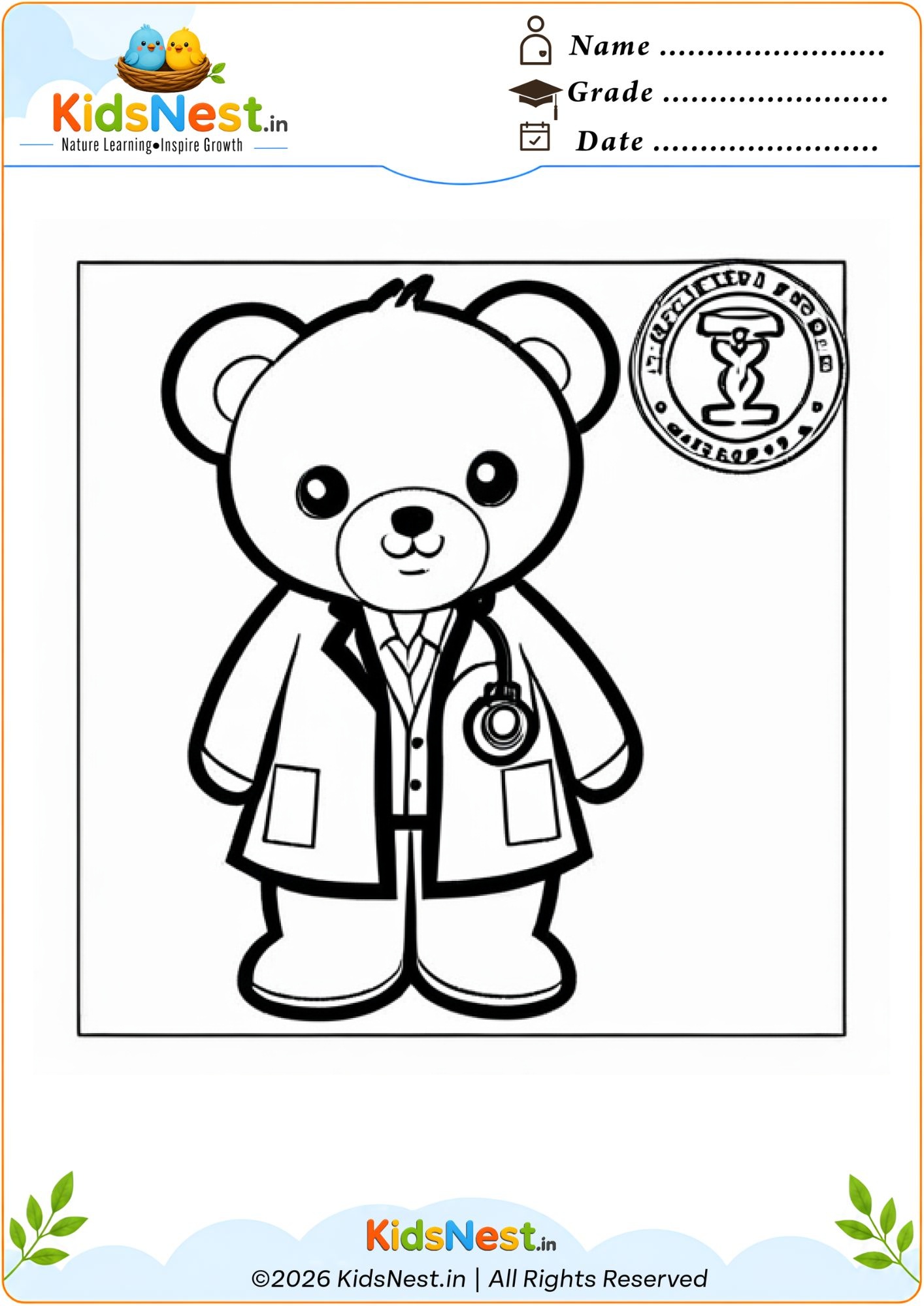 Doctor Bear Coloring Worksheet for Kids | Printable PDF