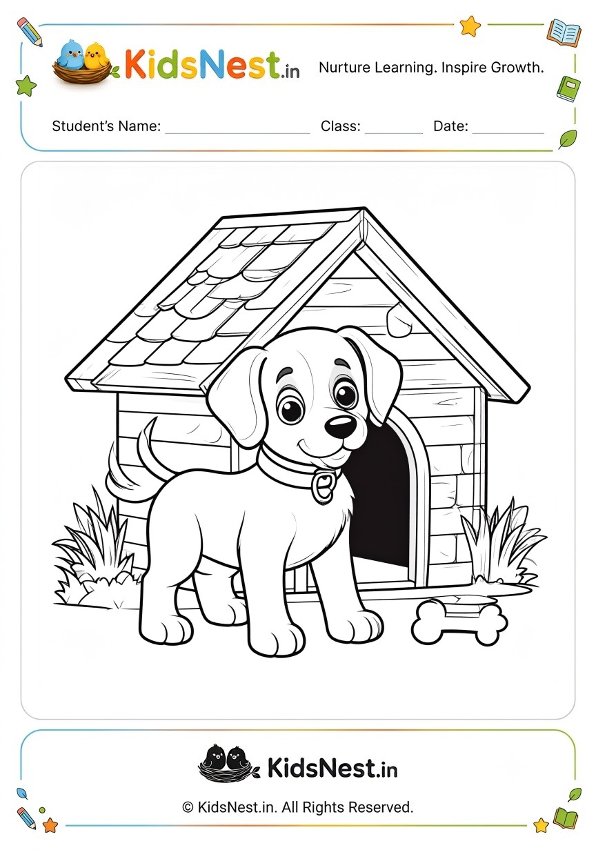 Dog and Kennel Coloring Page for Kids | Free Printable PDF