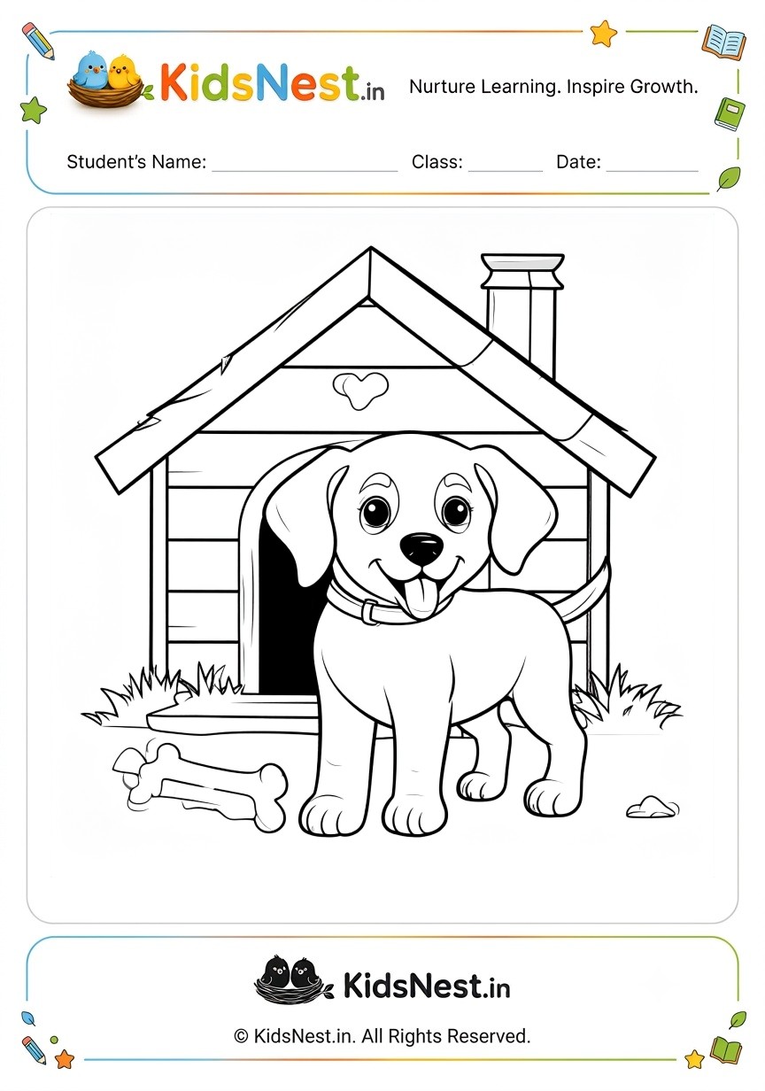 Printable Dog and Kennel Coloring Page for Kids | Free PDF