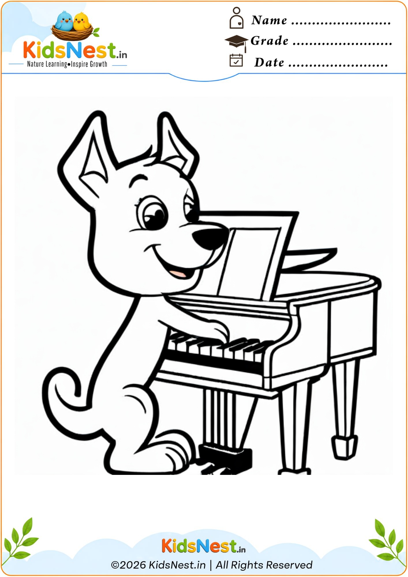 Dog Playing Piano Coloring Worksheet | Printable for Kids
