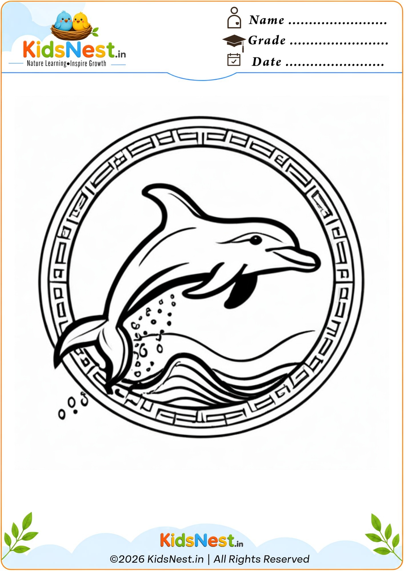 Dolphin in Circle Coloring Page for Kids | Free Printable
