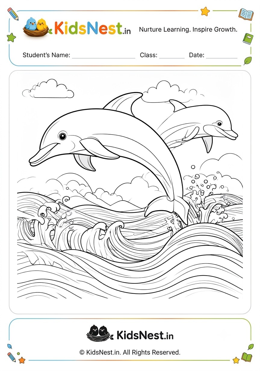 Dolphin Ocean Scene Coloring Worksheet | Printable for Kids