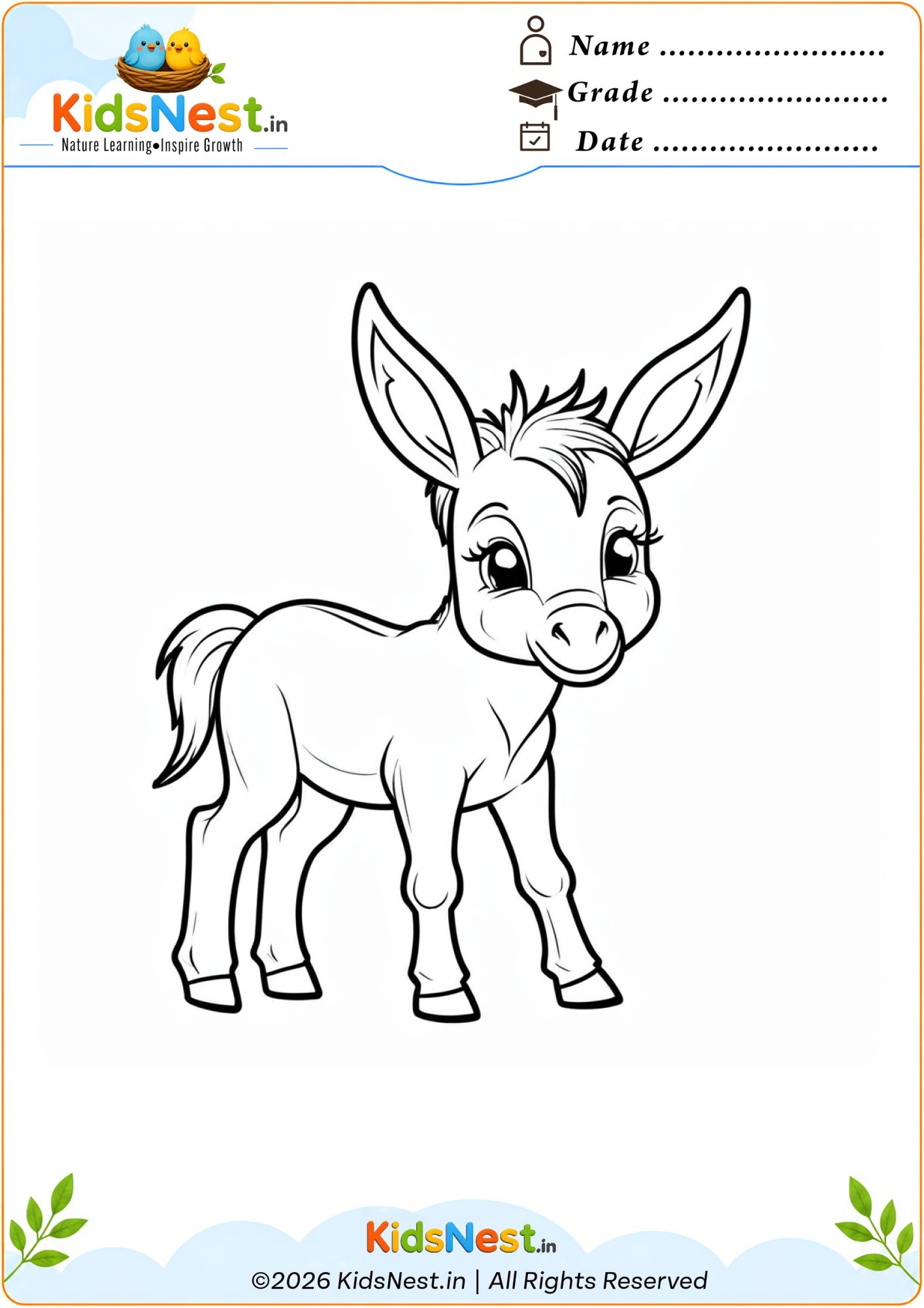 Printable Donkey Coloring Worksheet for Kids | Free PDF