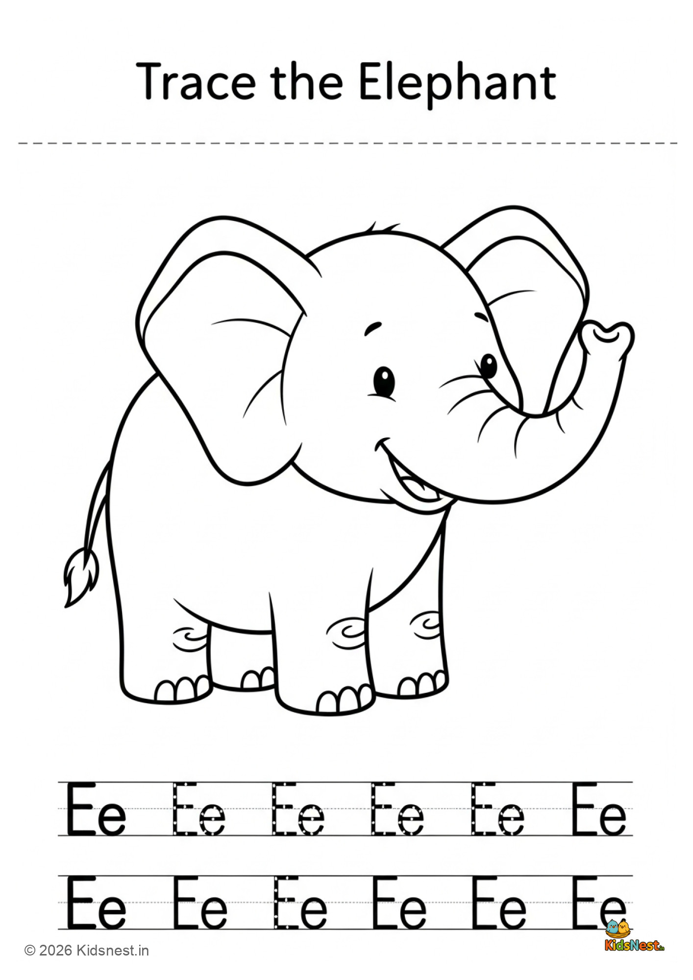 Dotted Line Elephant Tracing Worksheet for Kids | Printable