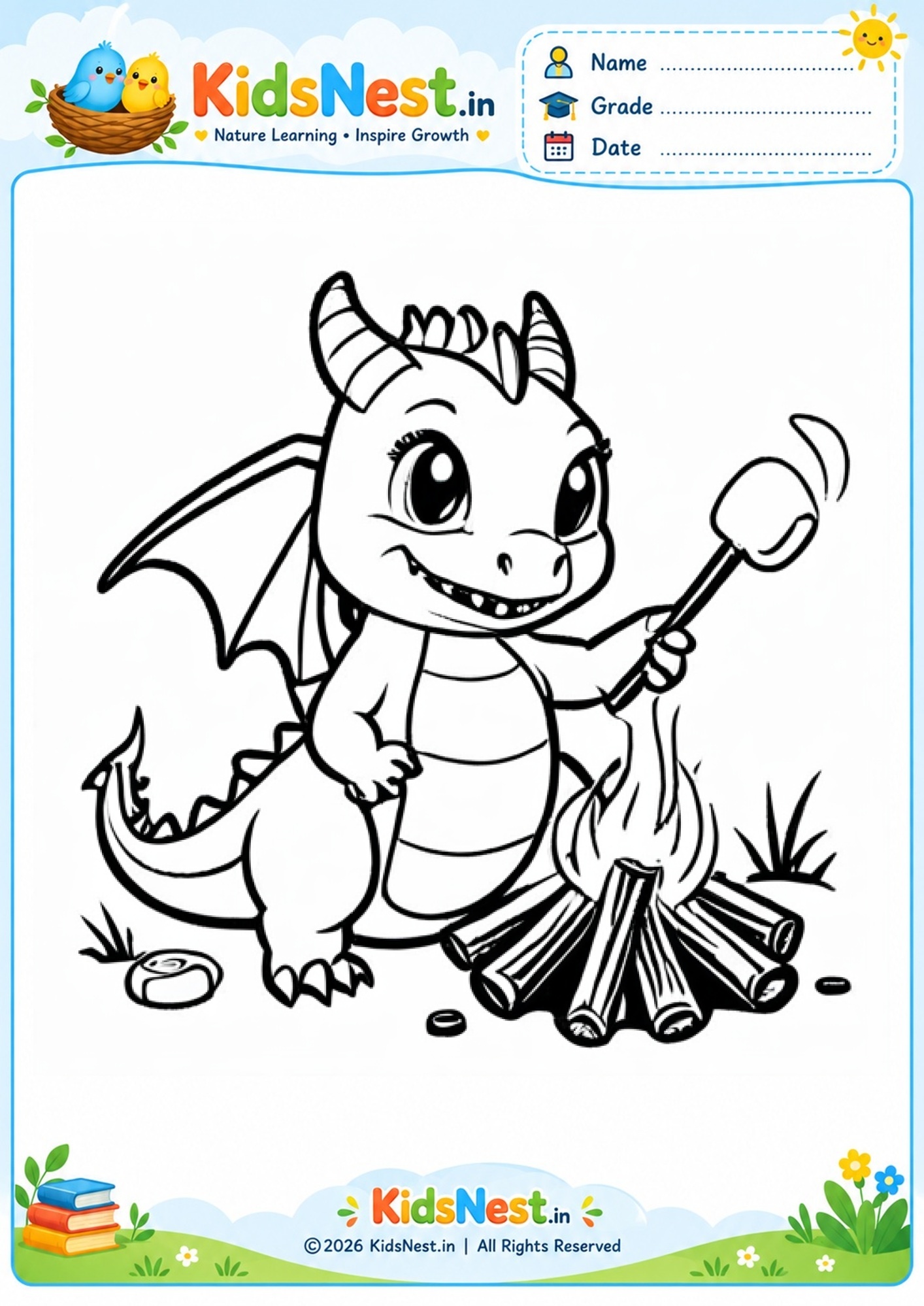 Dragon Roasting Marshmallow Coloring Page | Free Printable
