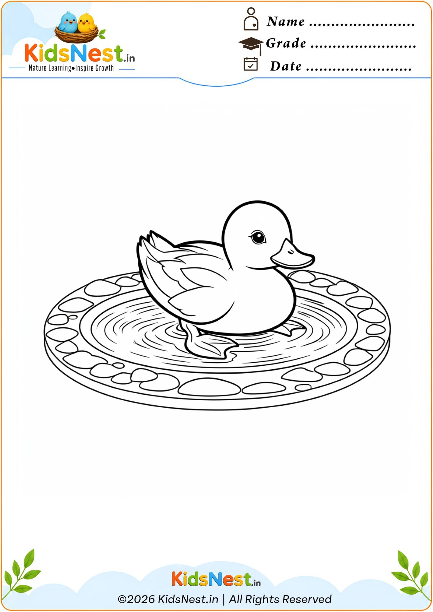 Duck in Pond Coloring Worksheet for Kids | Printable PDF