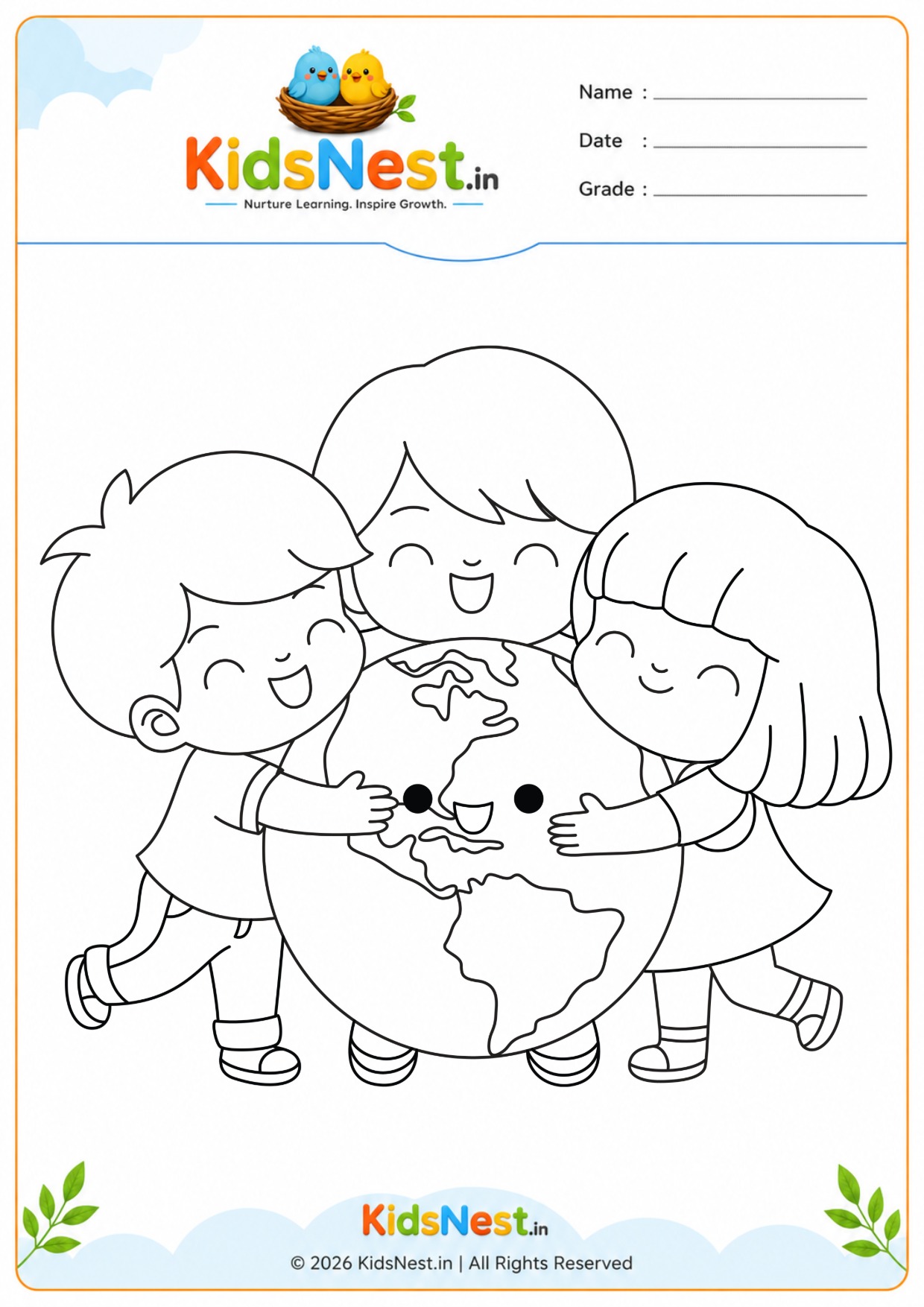 Earth Day Coloring Page: Kids Hugging Globe | Printable PDF