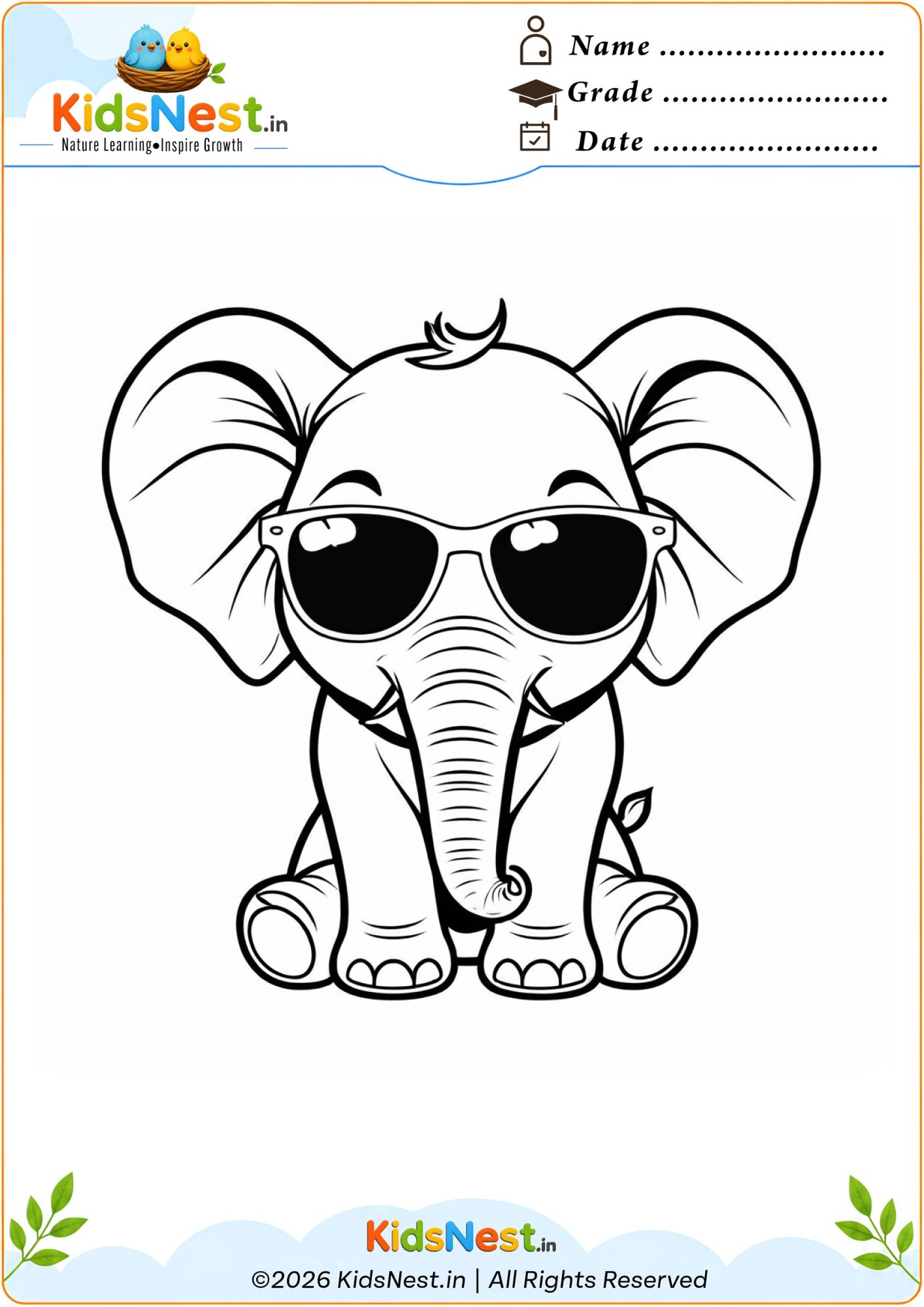 Printable Elephant in Sunglasses Coloring Page for Kids