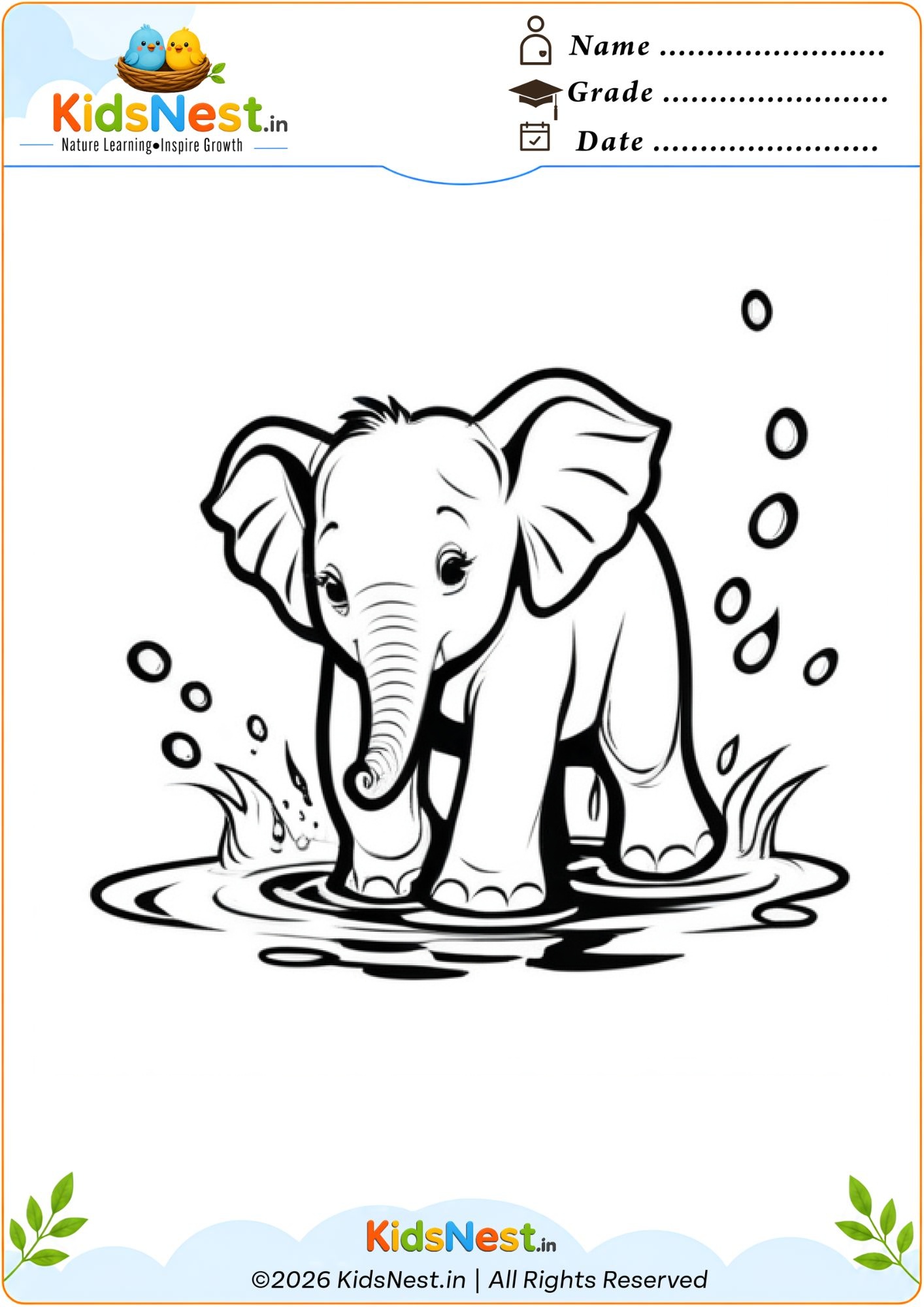 Elephant Playing in Water Coloring Page | Printable for Kids
