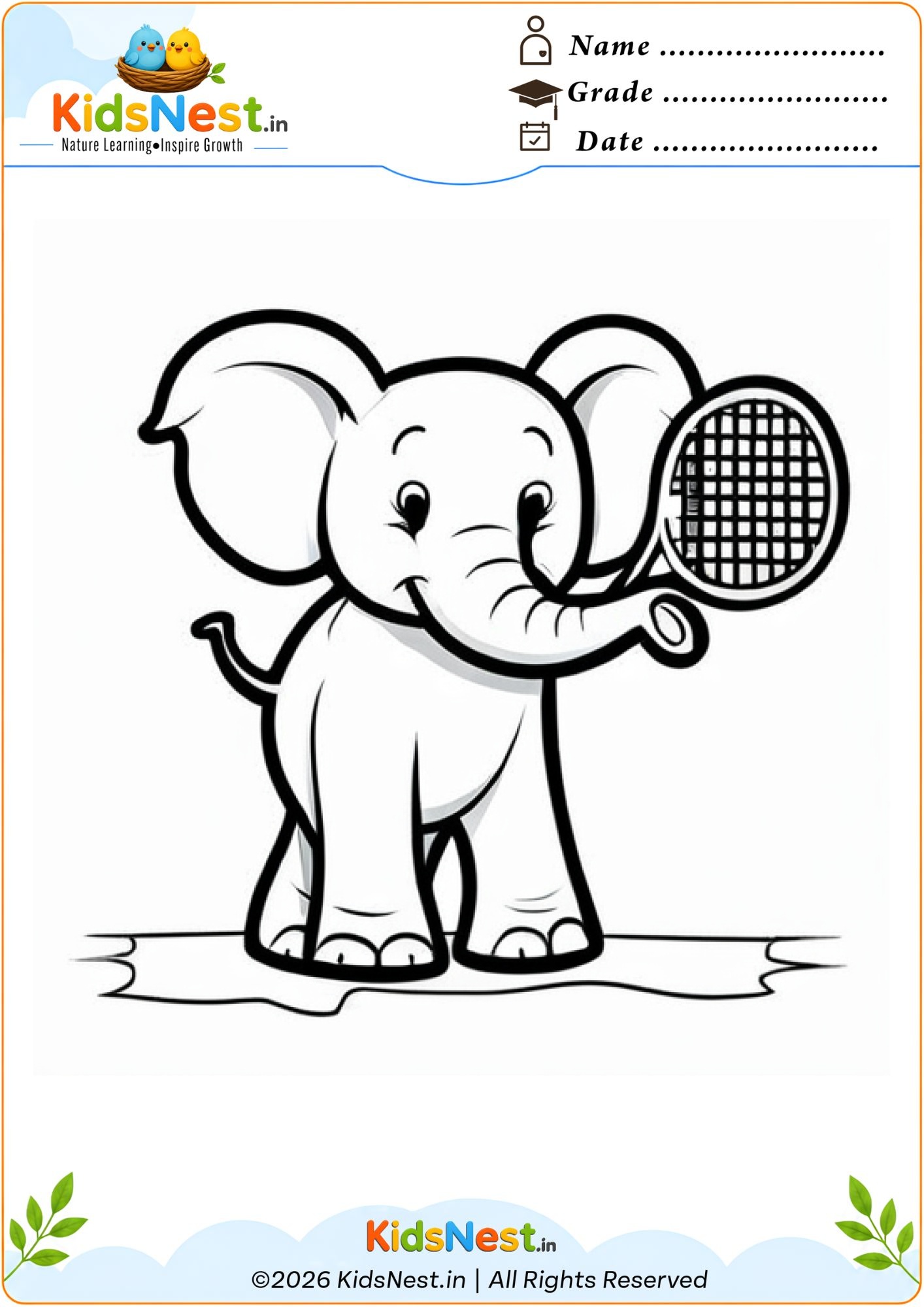 Elephant Playing Tennis Coloring Worksheet | Fun Printable PDF