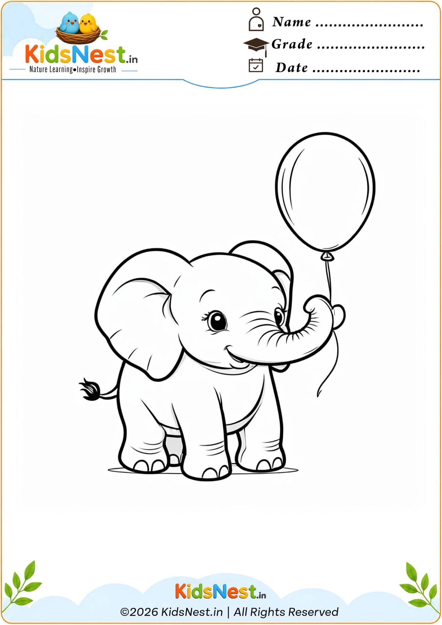 Elephant With Balloon Coloring Page | Printable for Kids