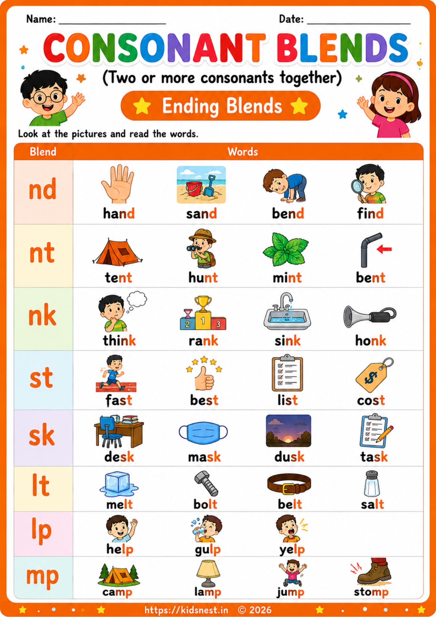 Ending Consonant Blends Printable Worksheet for Kids