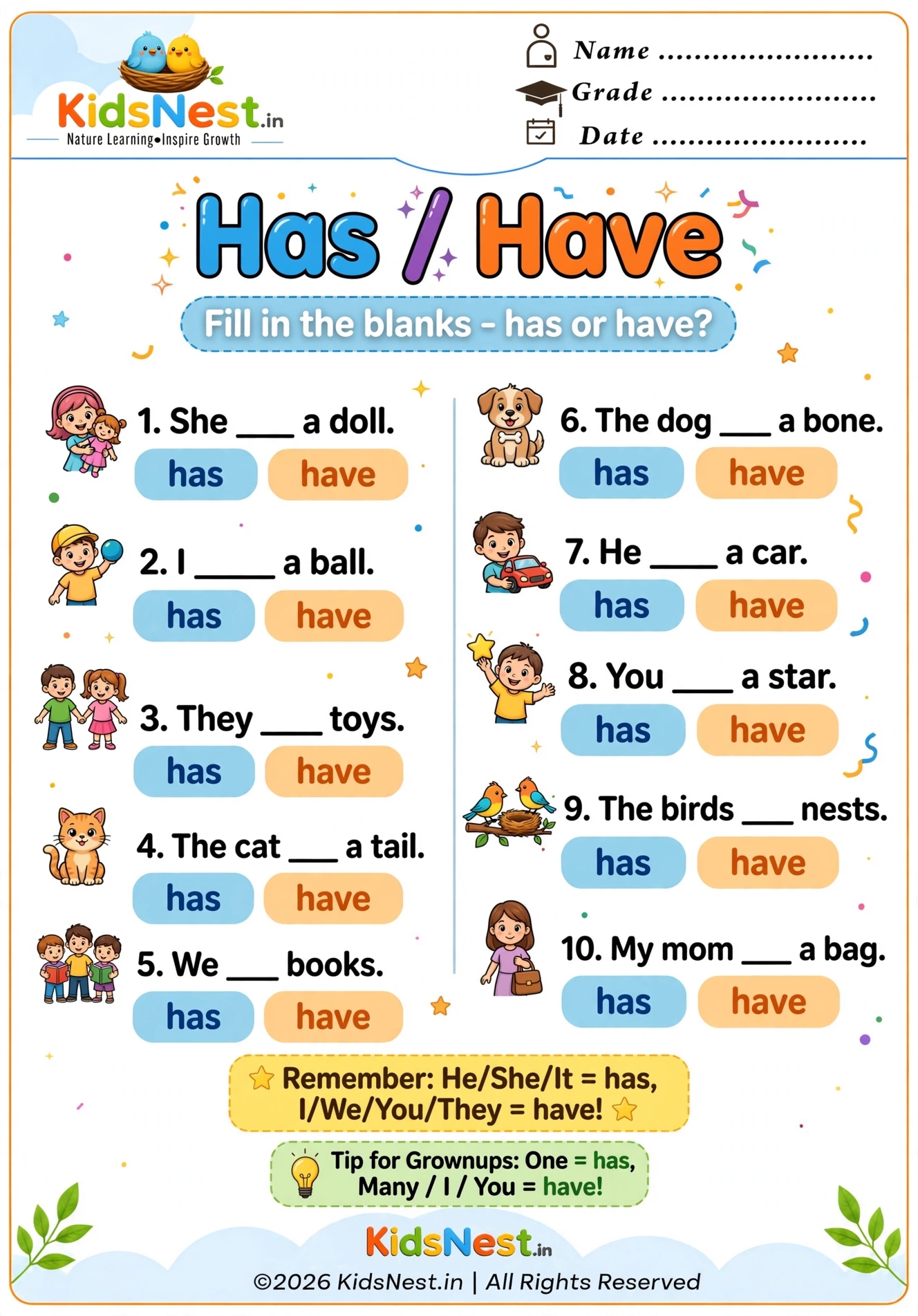 Has vs Have Worksheet for Kids | Free Grammar Printables