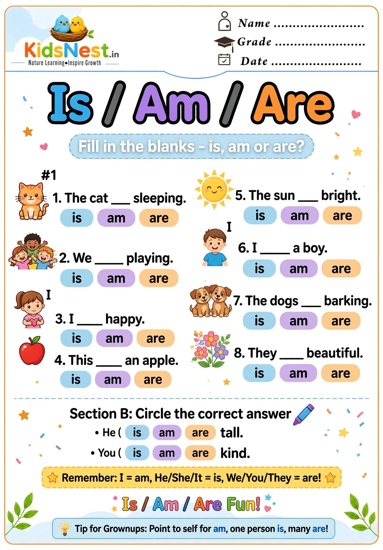 Is Am Are Practice Worksheet for Kids | Free Printable PDF