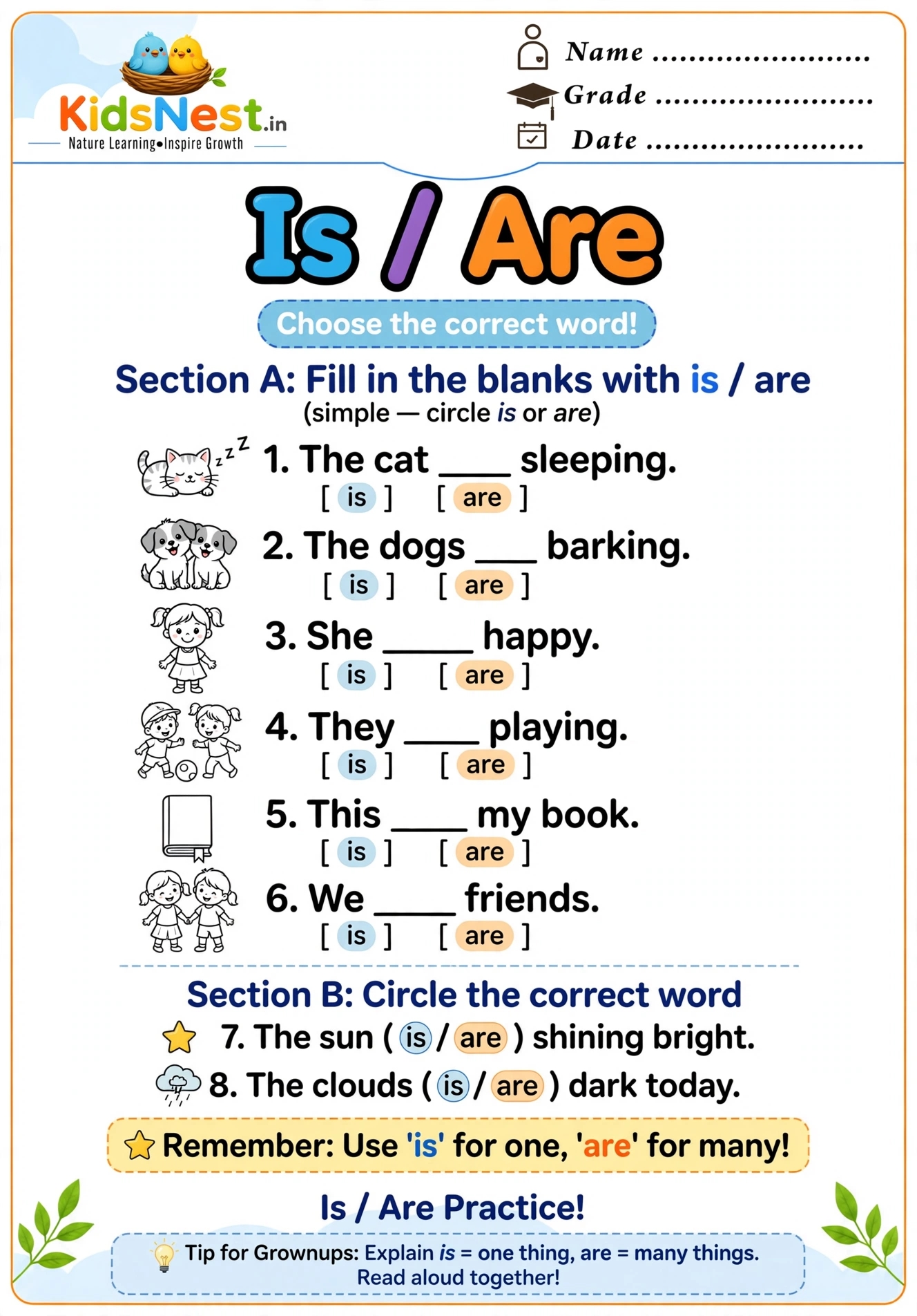 Is and Are Worksheet: Free English Grammar Practice for Kids