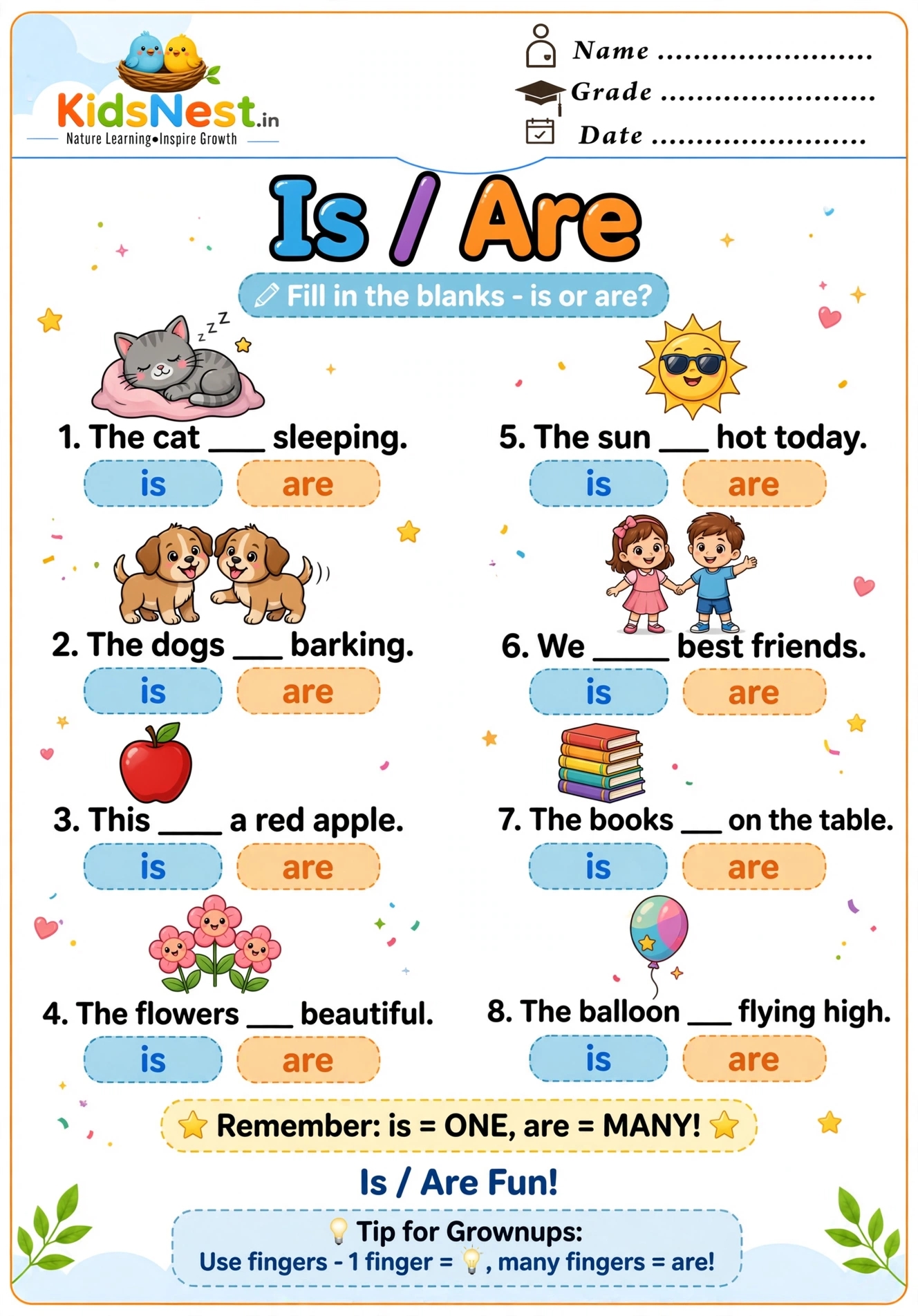 Is vs Are Practice Worksheet | Free English Grammar for Kids