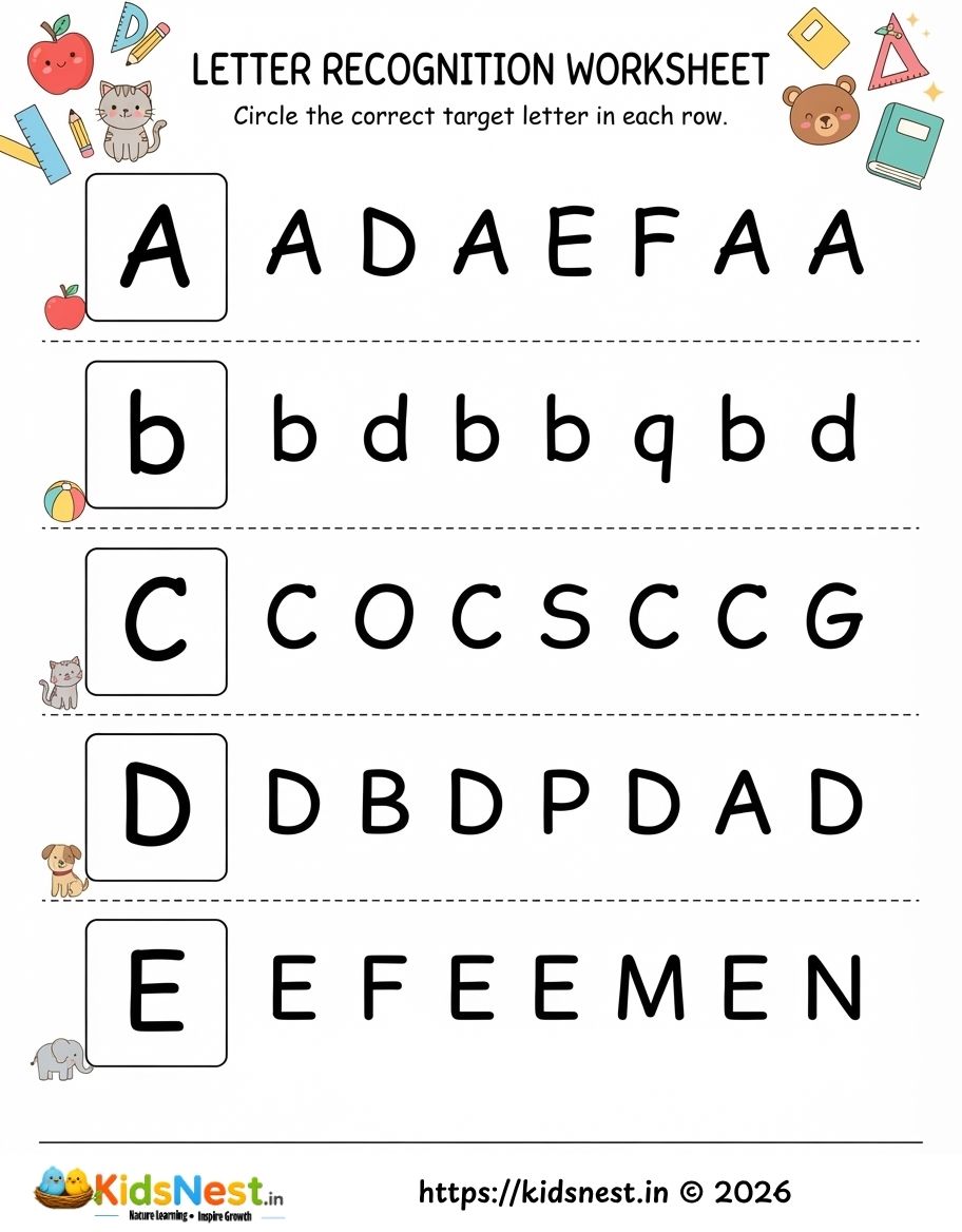 English Letter Recognition Worksheets for Kids | Printable PDF