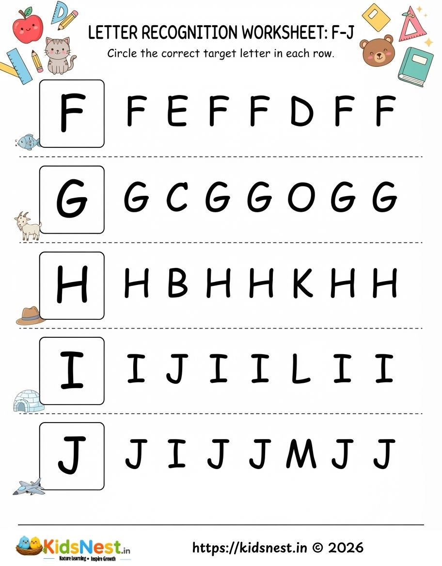 English Letter Recognition Worksheet: F to J | Free Printable