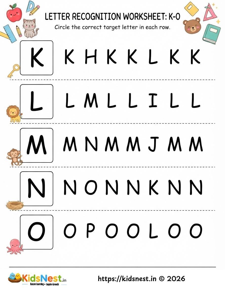 English Letter Recognition Worksheet: K to O | Printable PDF