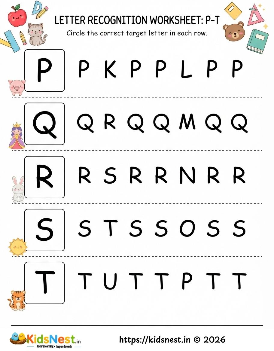 English Letter Recognition Worksheet P to T | Printable PDF