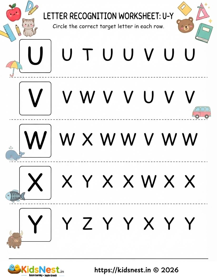 English Letter Recognition Worksheet: U to Y | Printable PDF