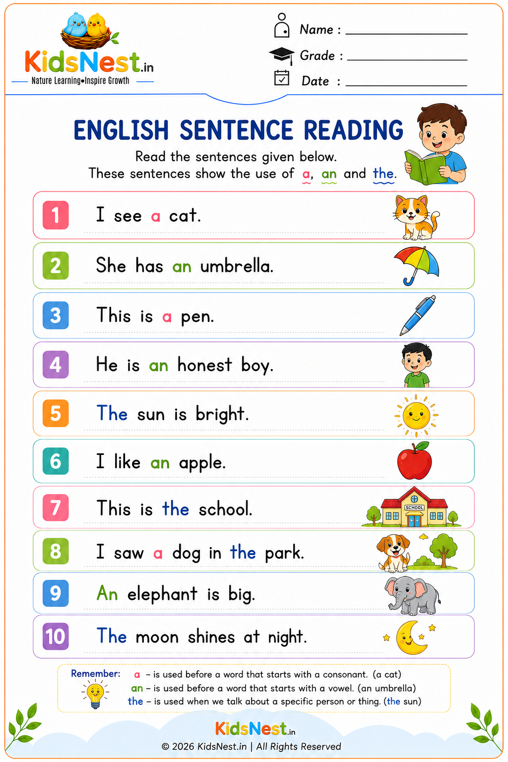 Articles A An The Worksheet: Reading Practice for Kids