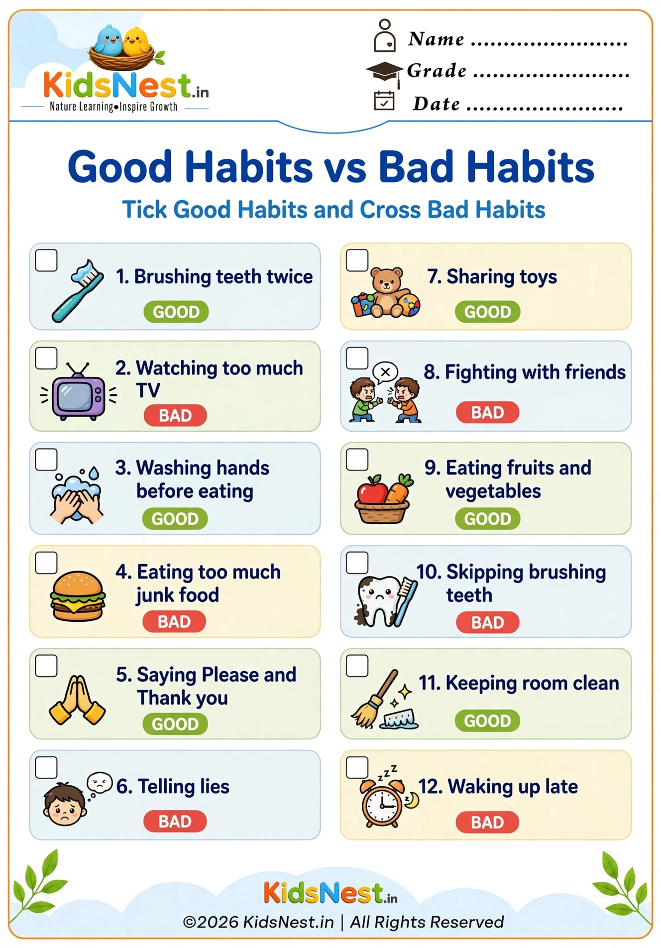 Good vs Bad Habits Worksheet for Kids | Printable PDF
