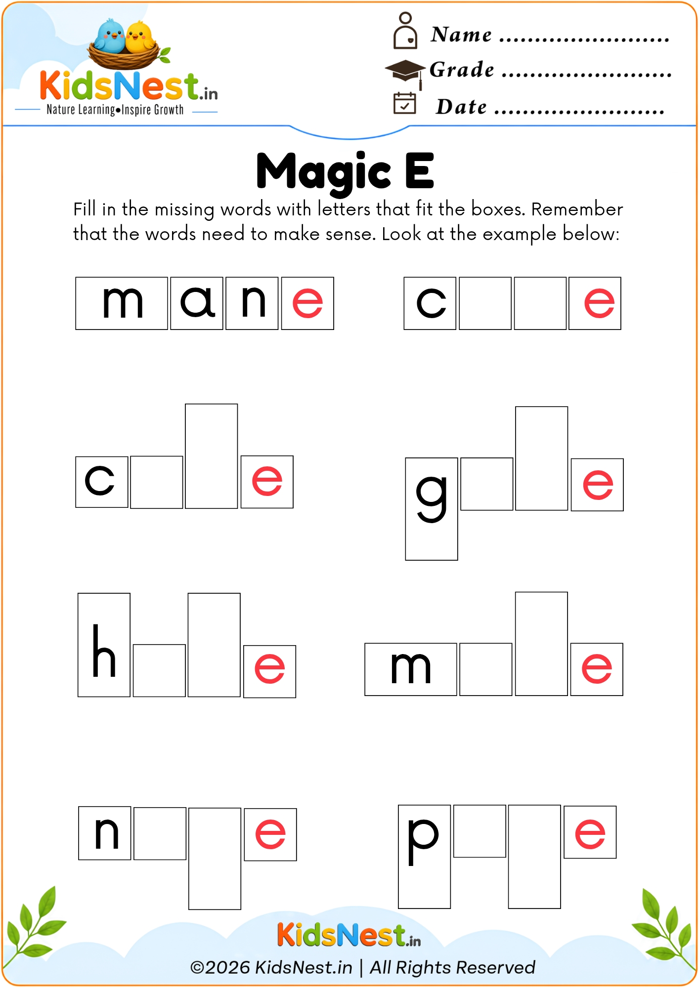 Magic E Phonics Worksheet | Printable Literacy Practice for Kids