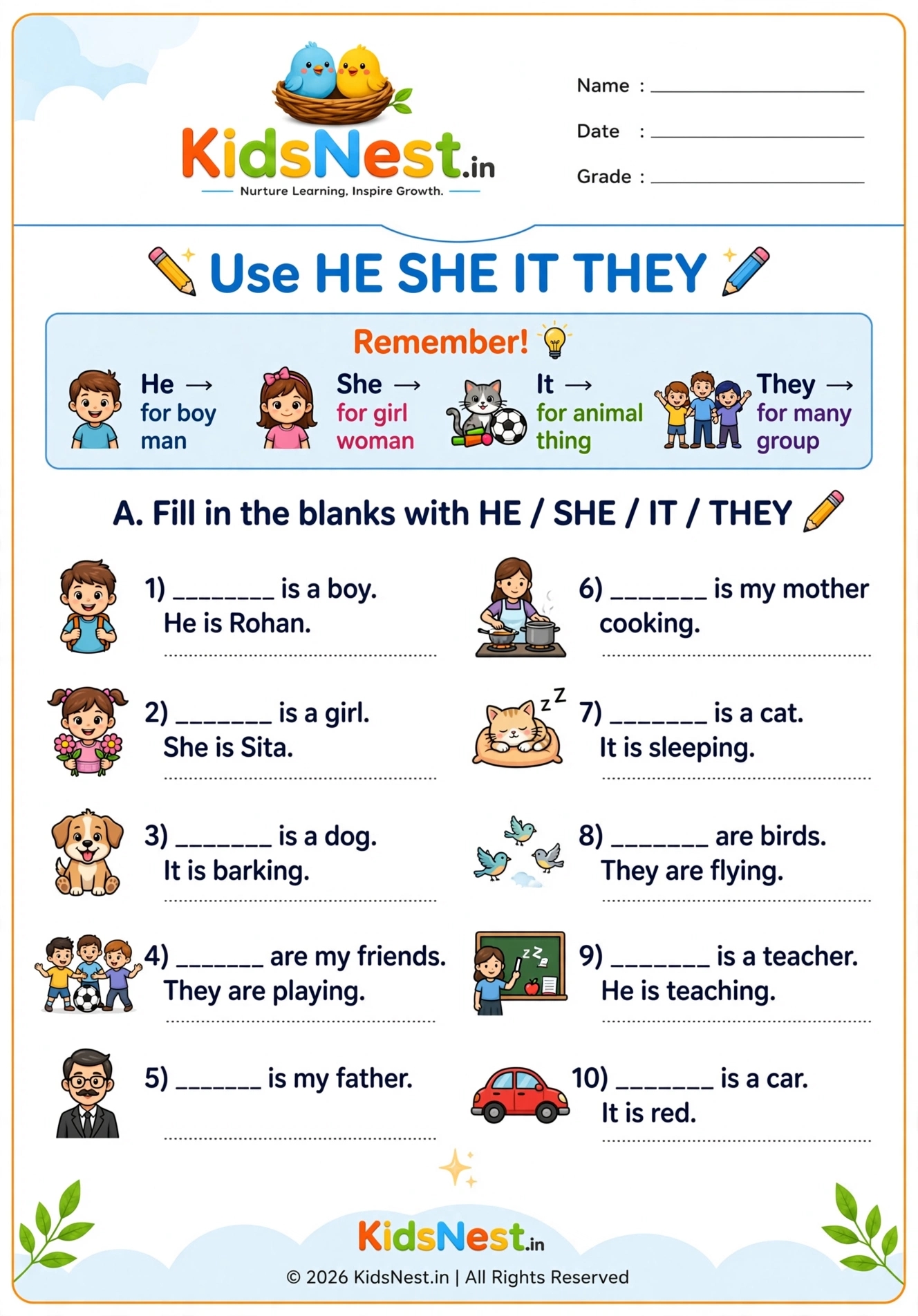 Pronouns Worksheet: He, She, It, They | Printable for Kids