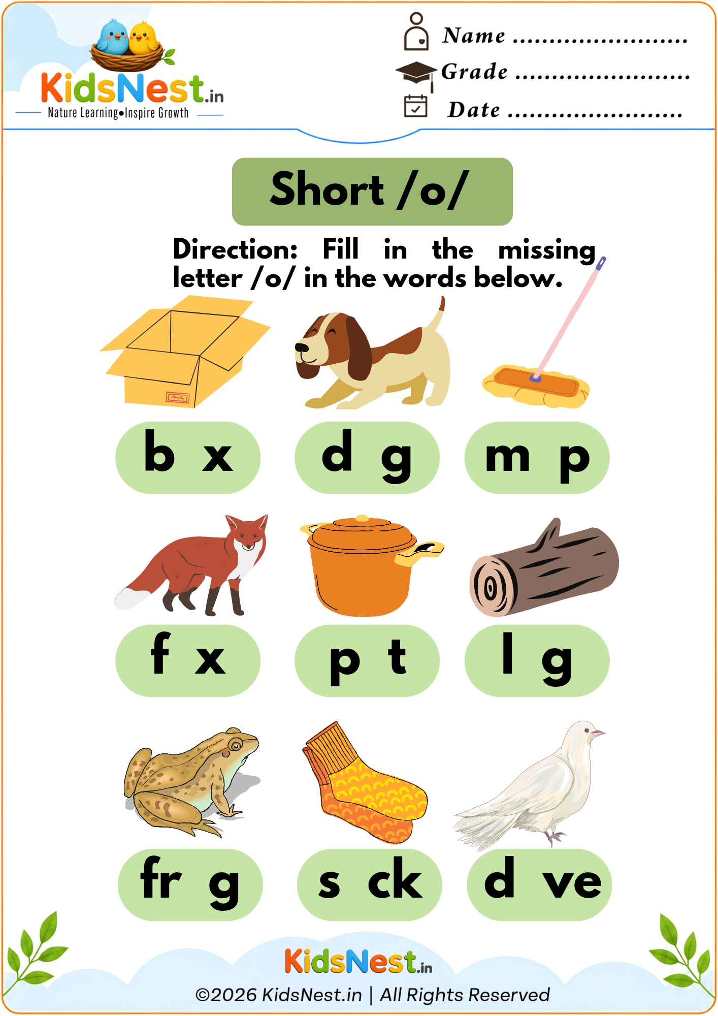 Short O Vowel Sound Worksheet for Kids | Printable PDF