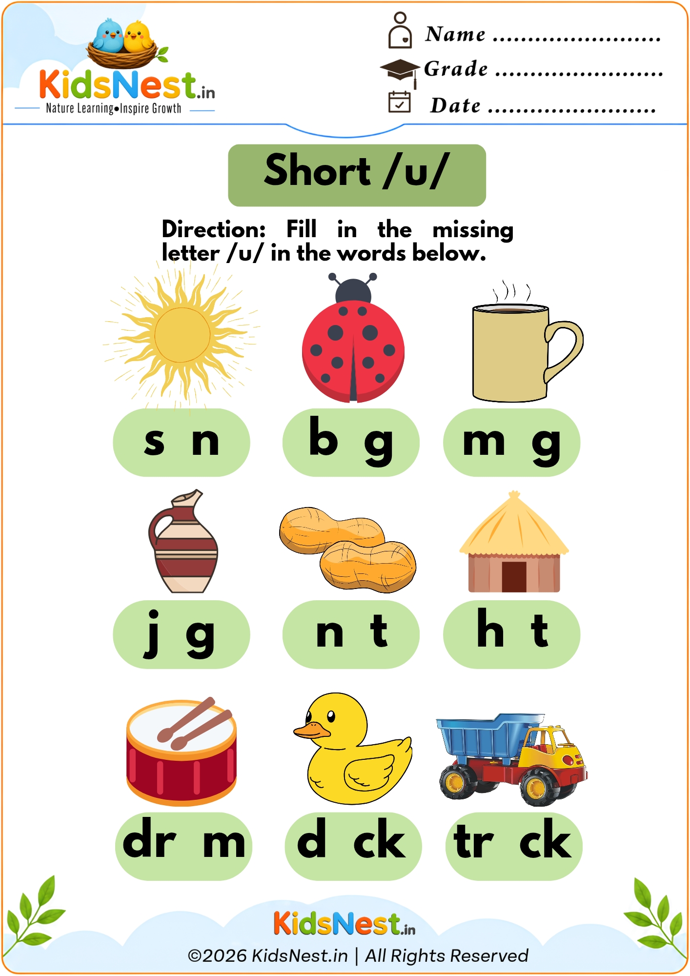 Short U Vowel Phonics Worksheet | Printable English Activity