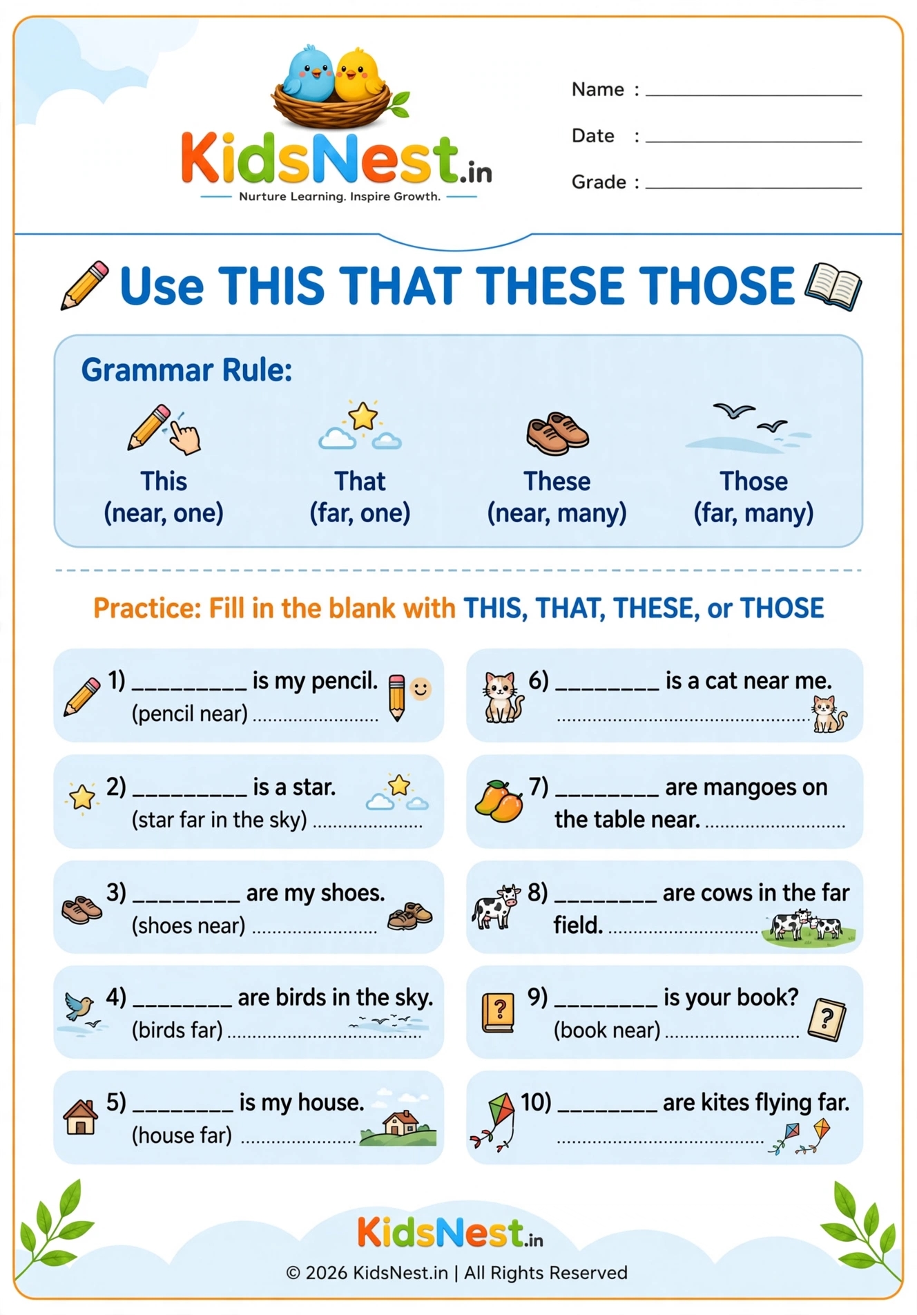 This That These Those: Printable English Grammar Worksheet