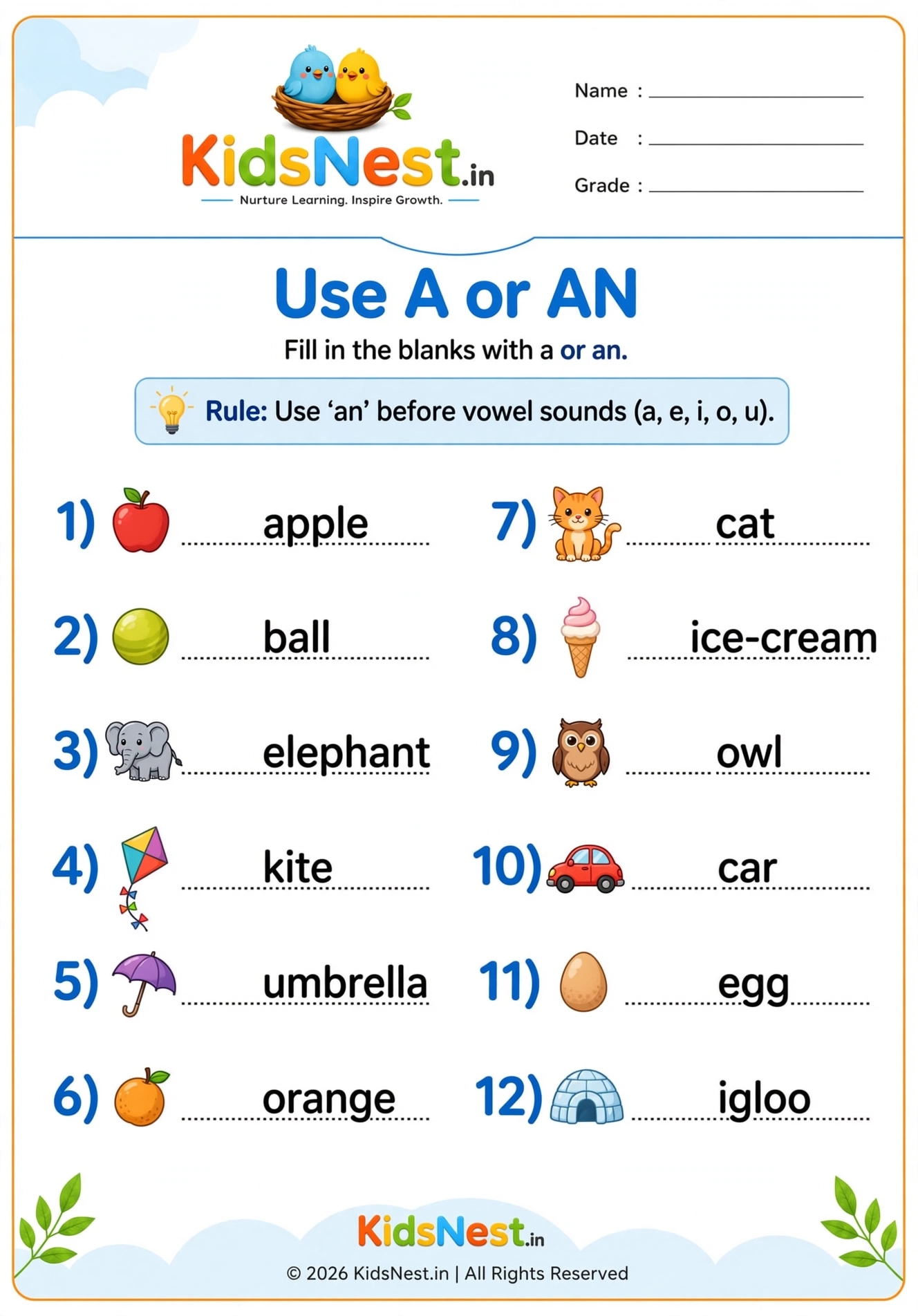 Learn A or An: Free Printable English Grammar Worksheet