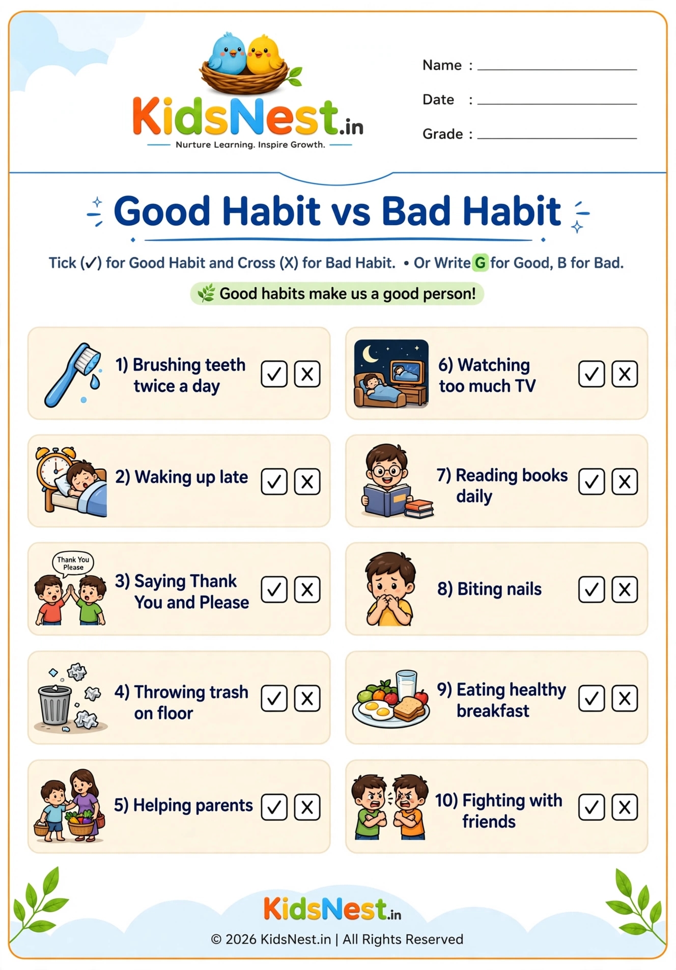 Good Habit vs Bad Habit Worksheet for Kids | Printable EVS