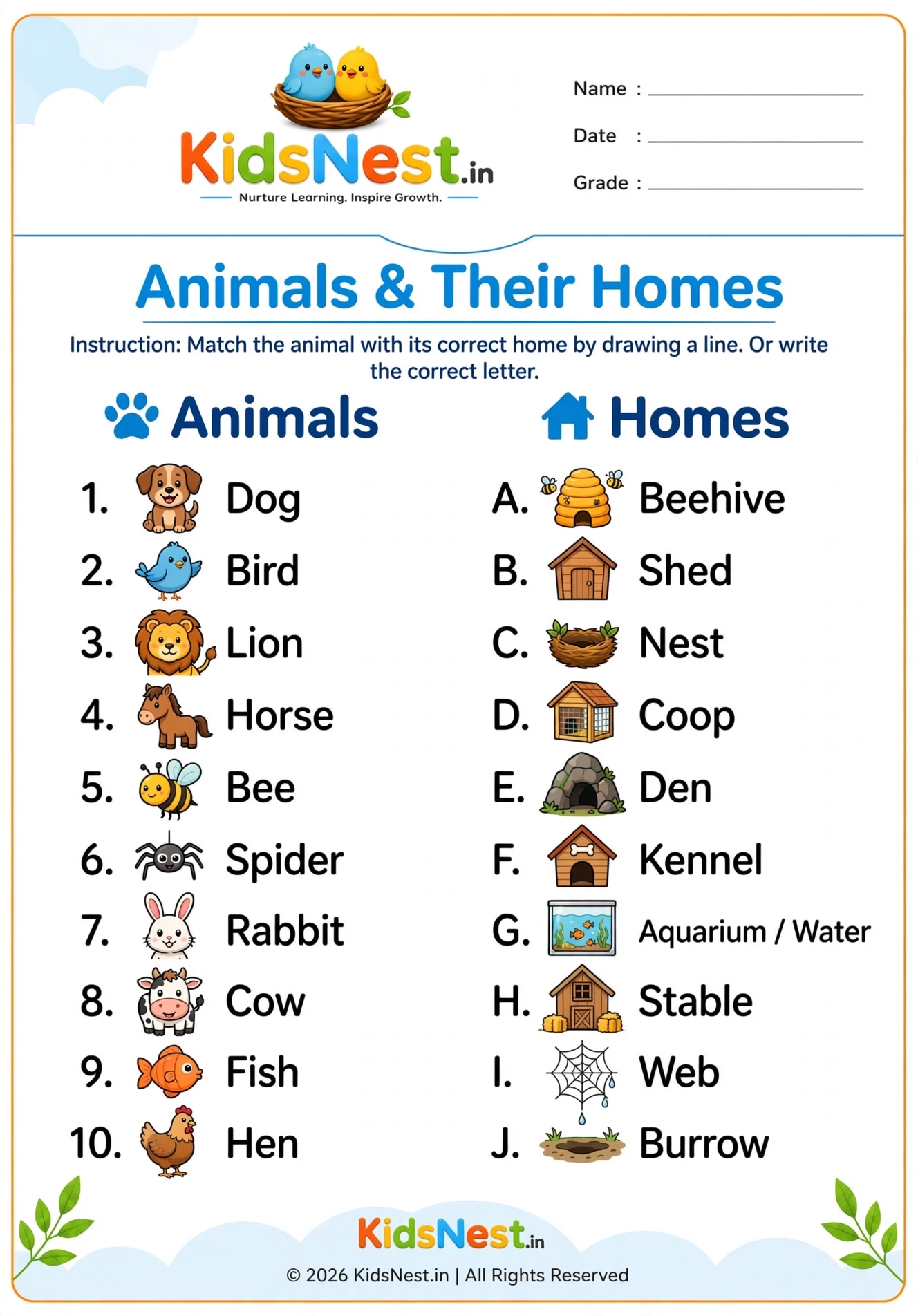 Animals and Their Homes Worksheet for Kids | Printable PDF