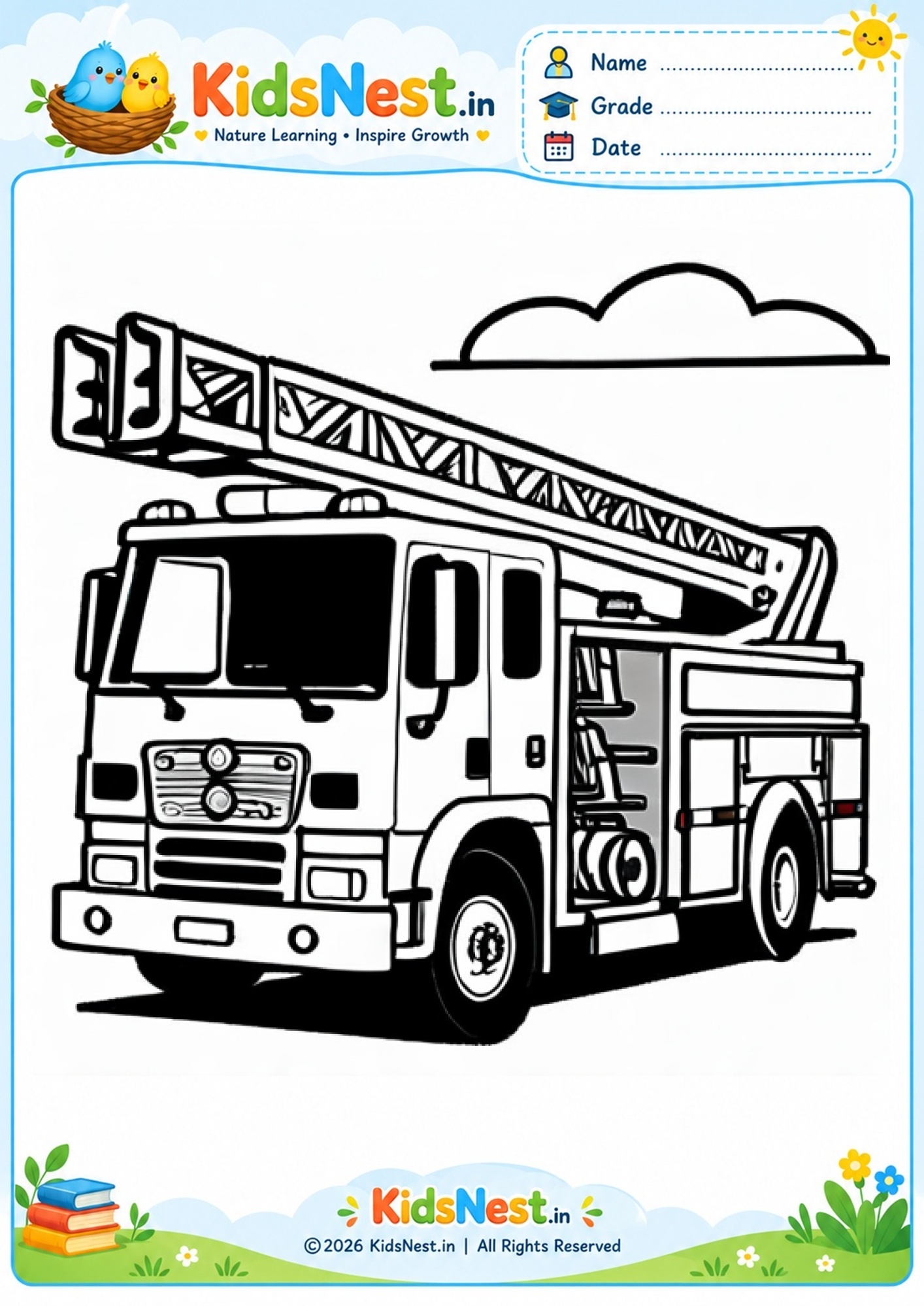 Fire Truck Coloring Worksheet for Kids | Printable PDF