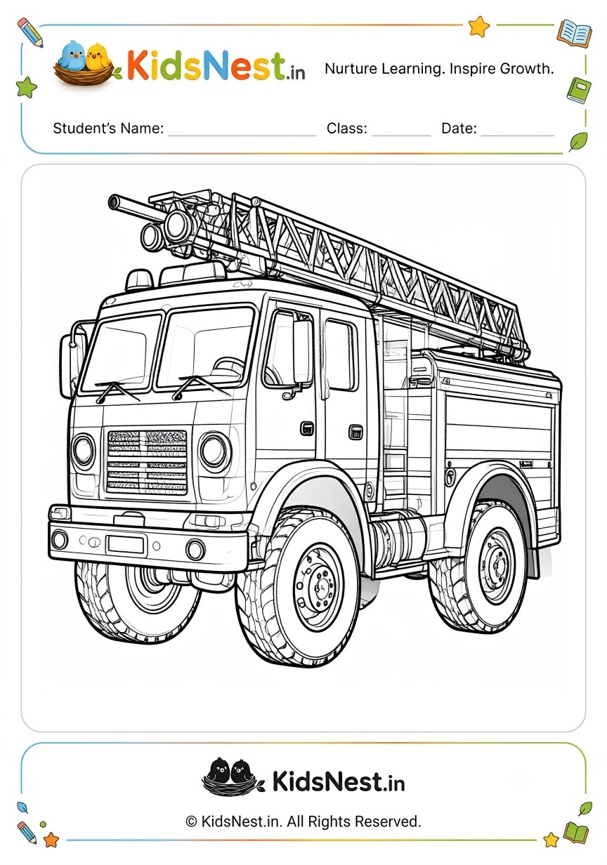 Fire Truck Coloring Worksheet for Kids | Free Printable PDF