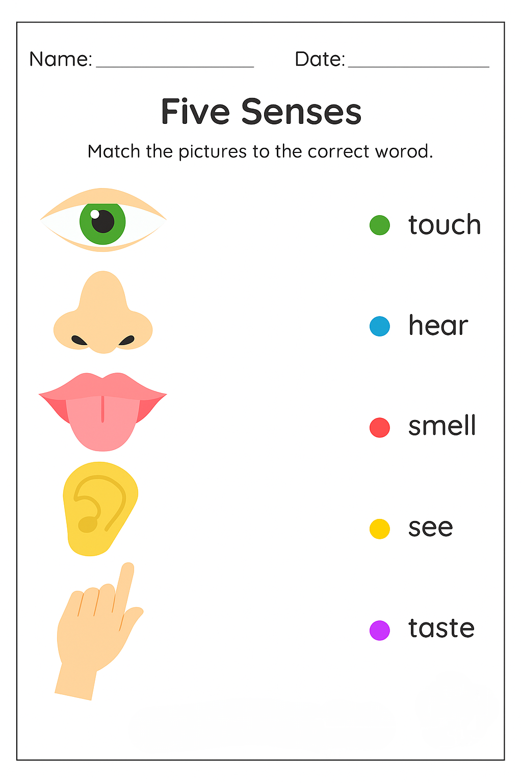 Free Five Senses Worksheet | Printable Educational Activity