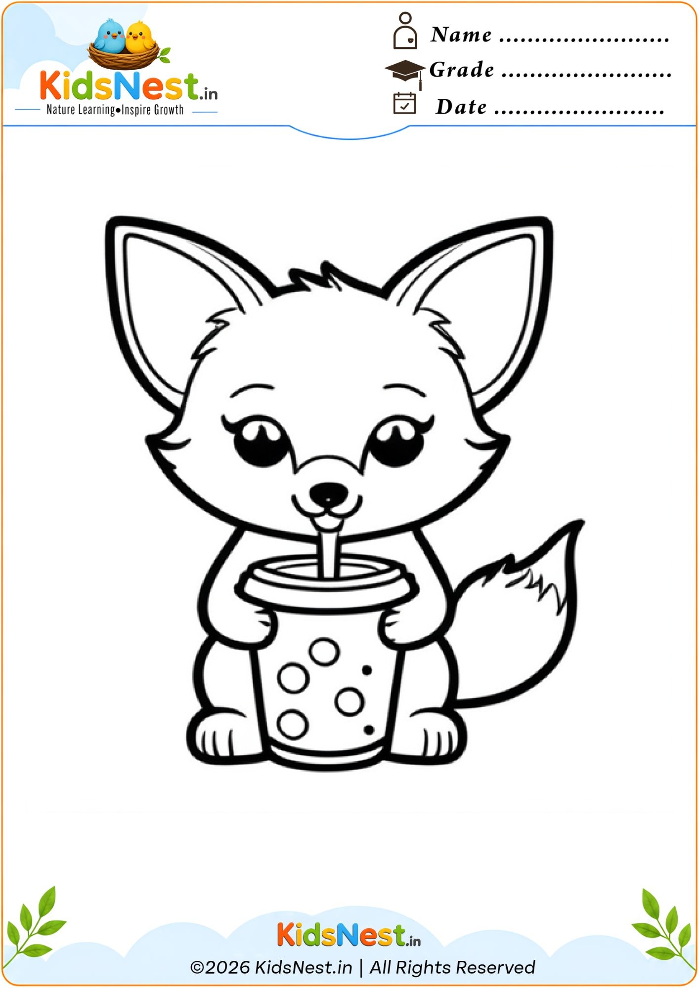 Cute Fox Drinking Boba Coloring Page for Kids | Free Printable