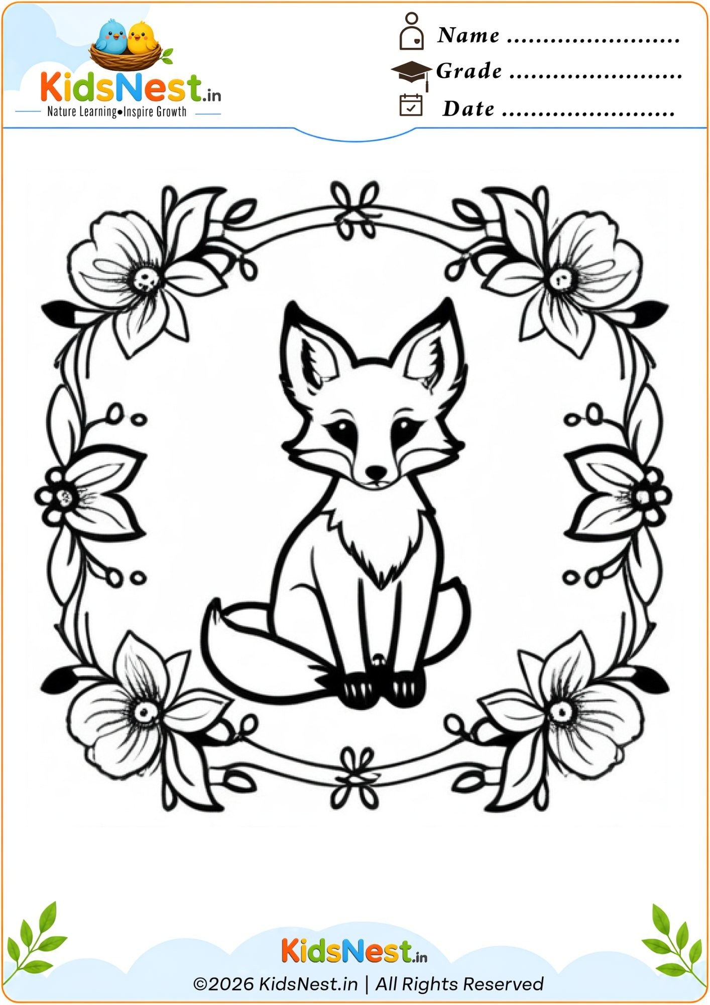 Fox in Floral Frame Coloring Worksheet | Free Printable for Kids