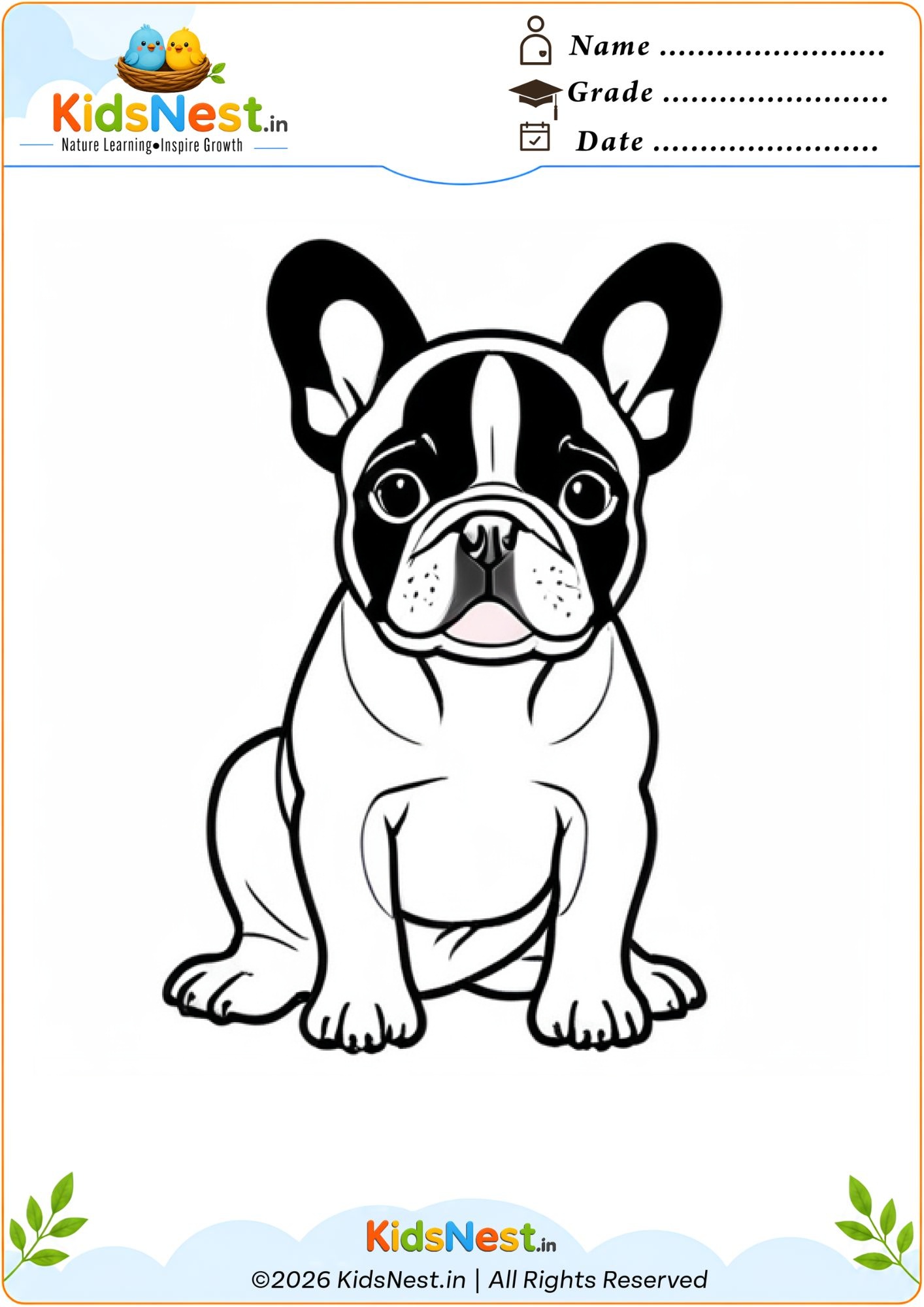 Free French Bulldog Puppy Coloring Worksheet for Kids