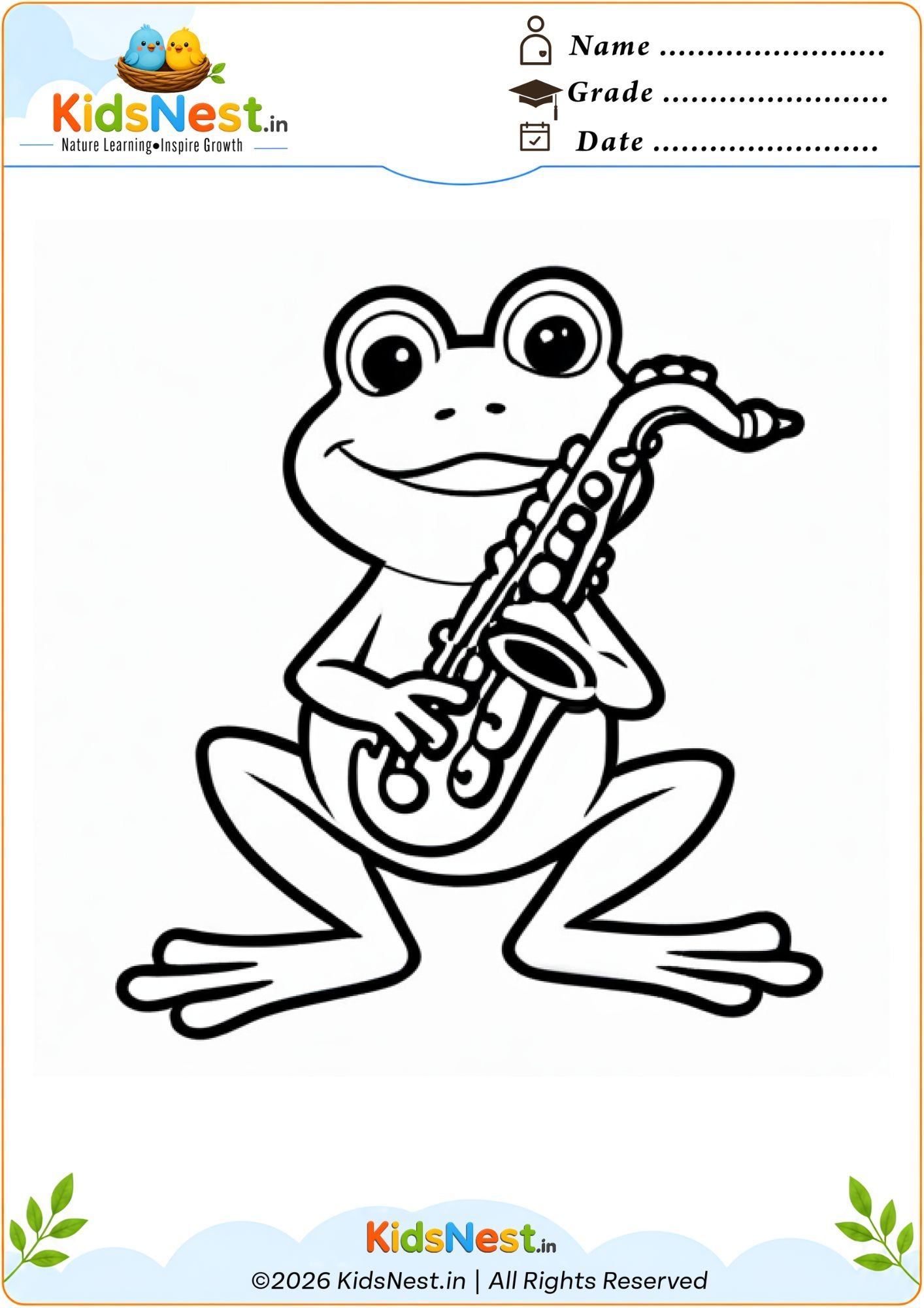 Frog Playing Saxophone Coloring Worksheet for Kids