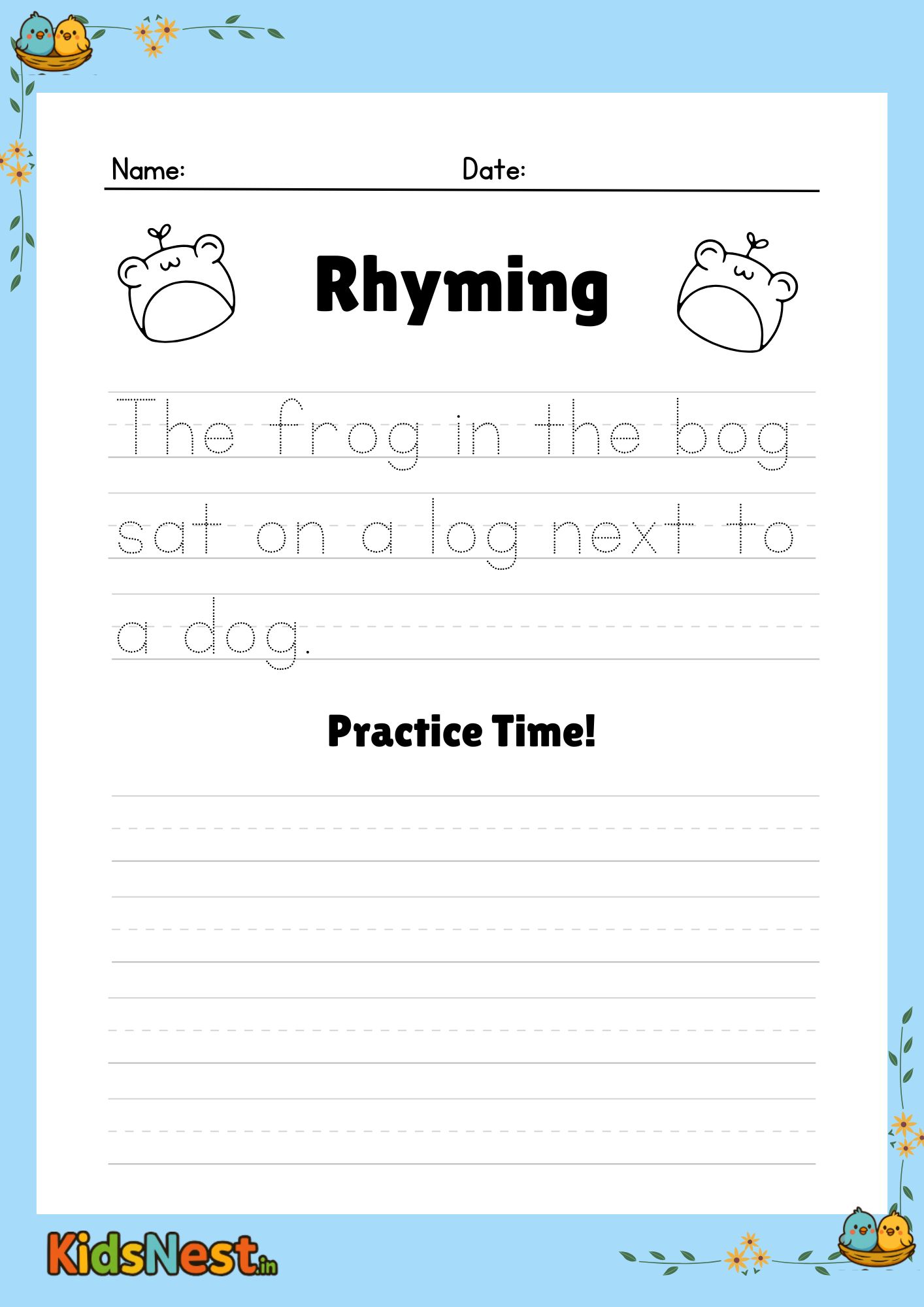 Frog Rhyming Sentence Writing Worksheets for Kids