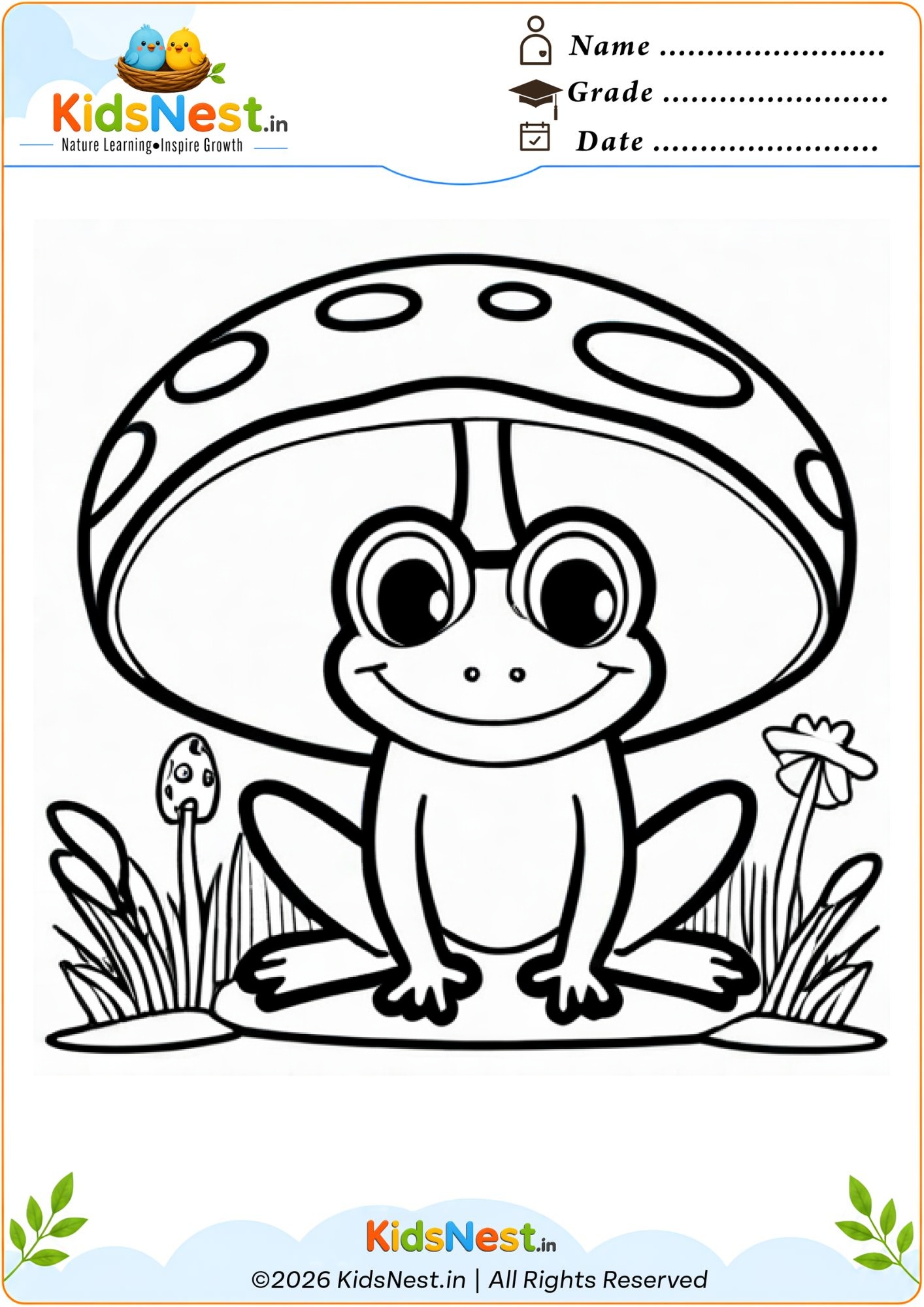 Frog Under Mushroom Coloring Page for Kids | Free Printable