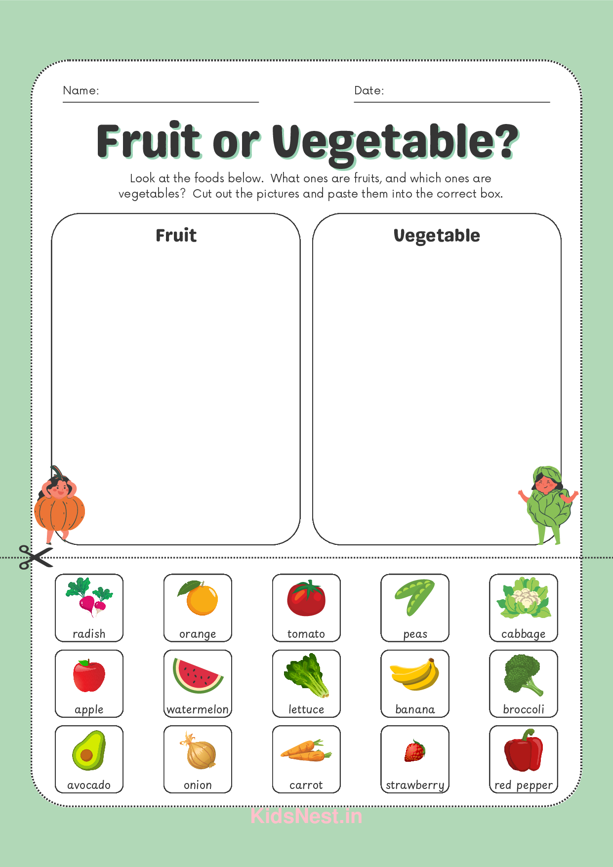 Printable Fruit or Vegetable Sorting Worksheet for Kids