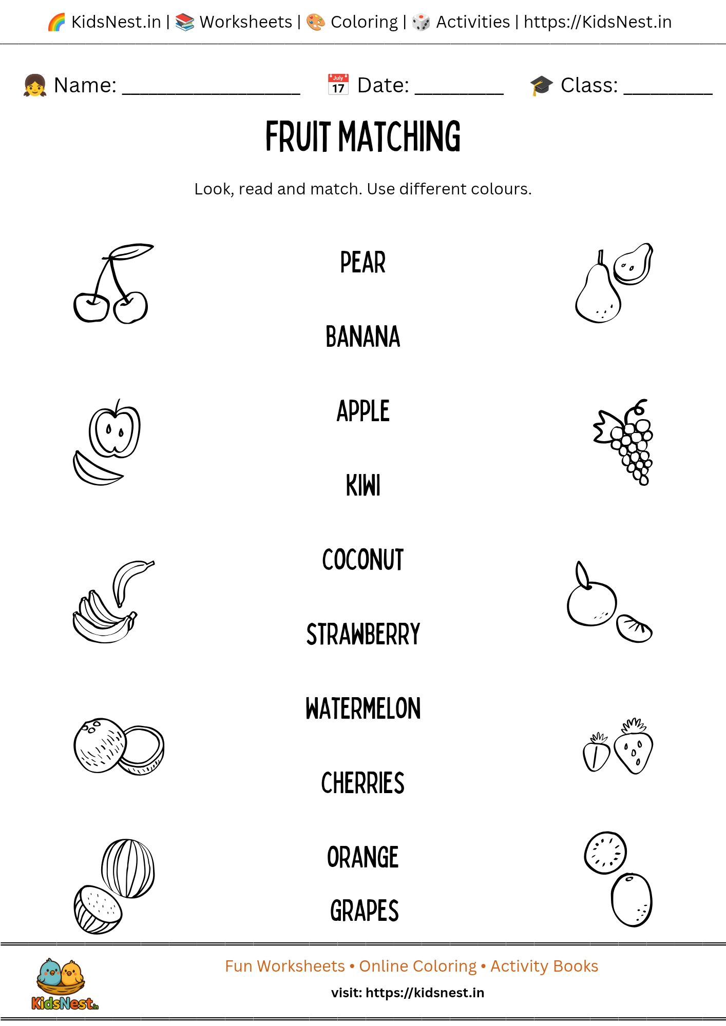 Printable Fruits Matching Worksheet | Kids Learning Activity