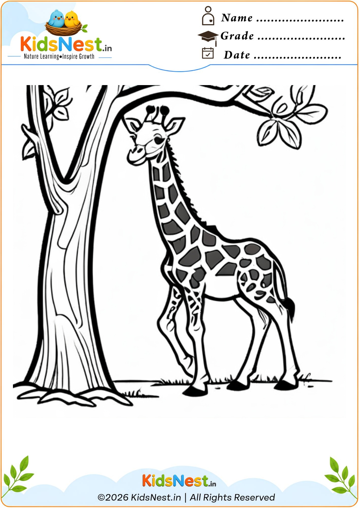 Giraffe by the Tree Coloring Page | Free Printable for Kids