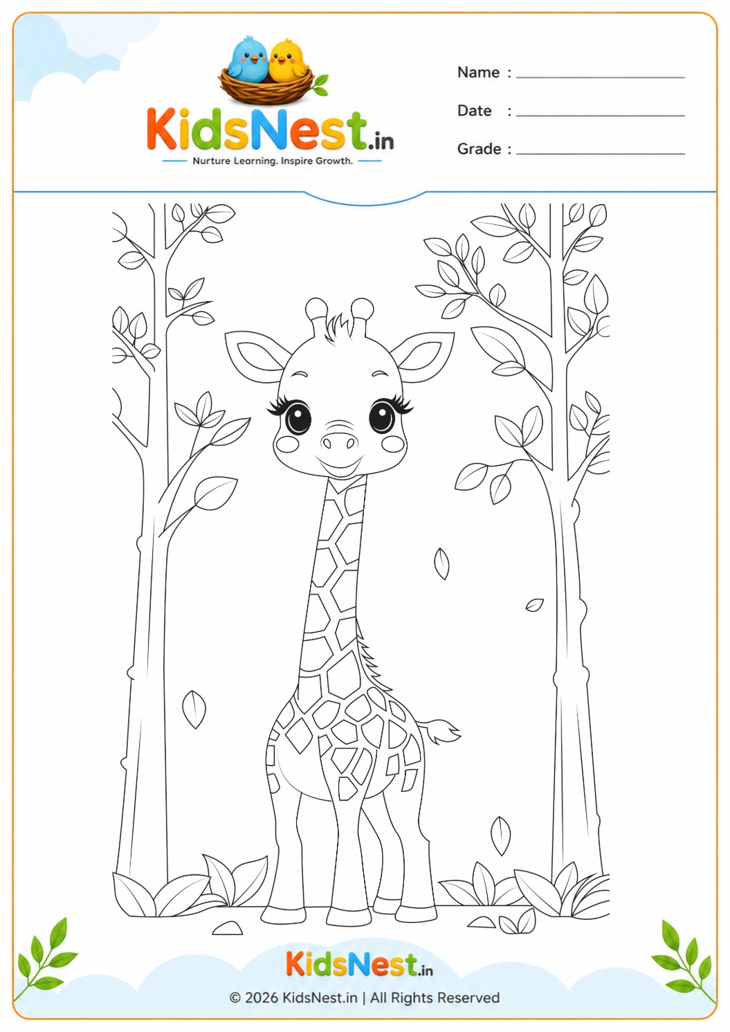 Giraffe in Forest Coloring Worksheet for Kids | Printable PDF