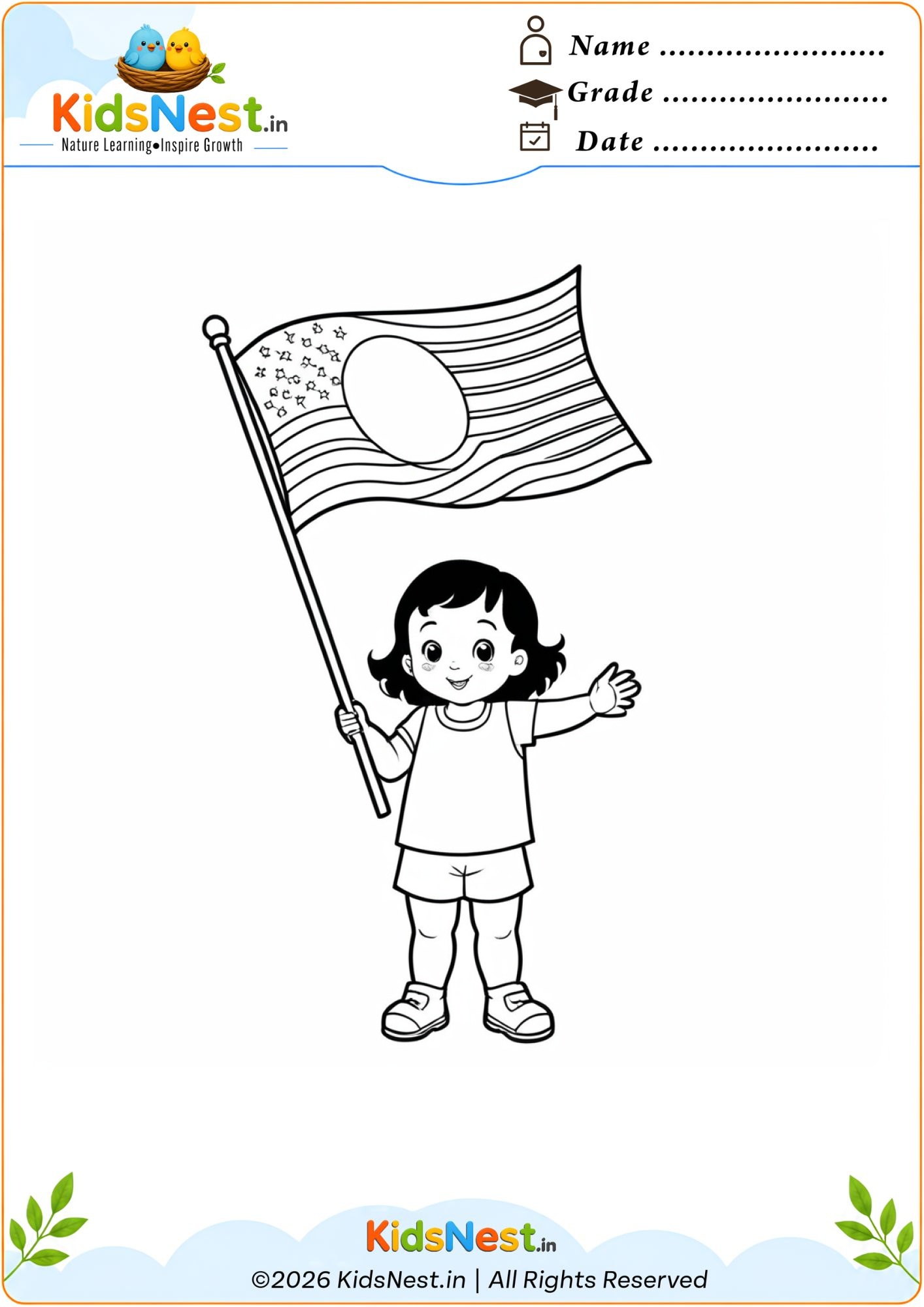 Girl Holding Flag Coloring Page | Free Printable for Kids