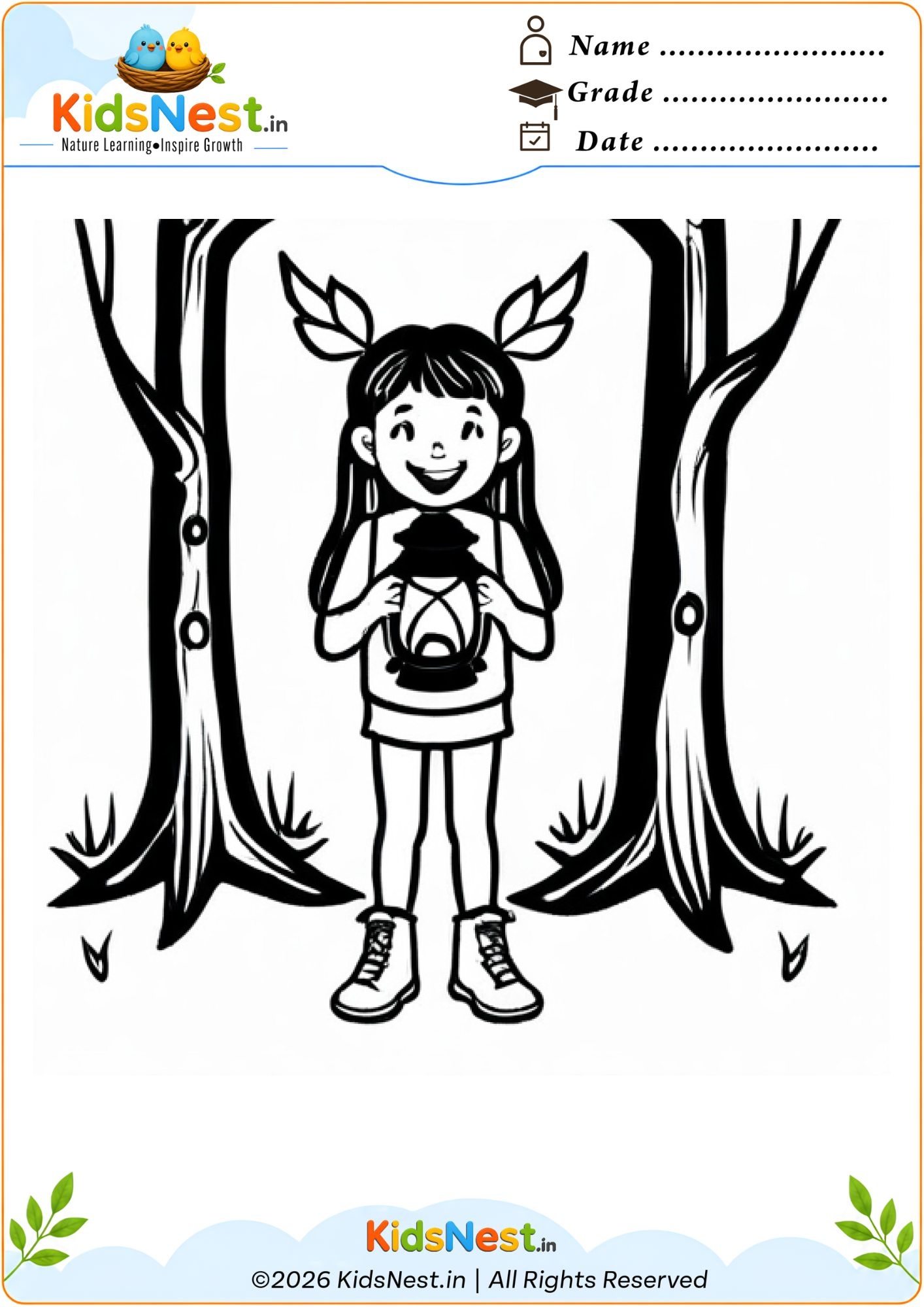 Girl with Lantern Coloring Worksheet | Printable for Kids